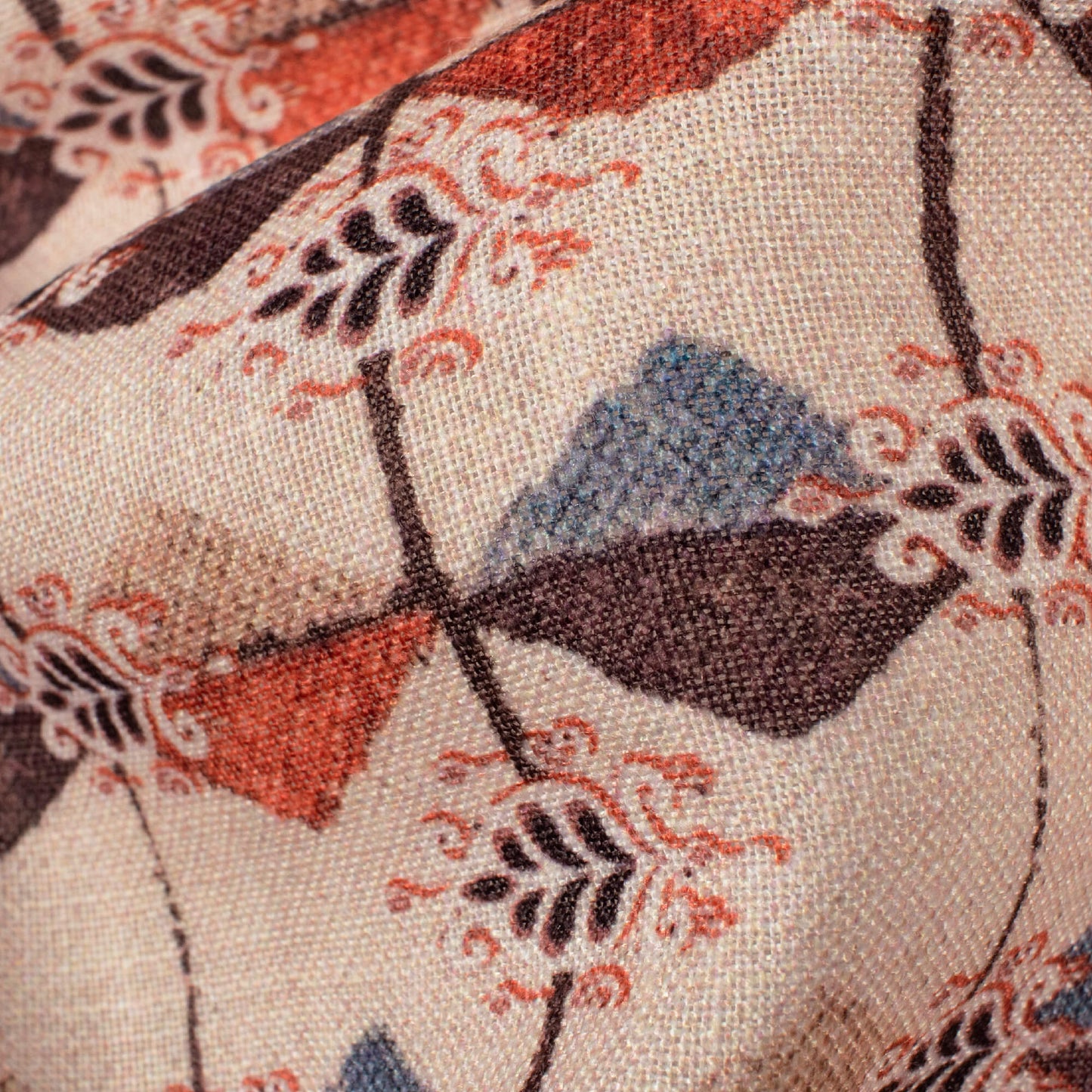 Ivory Cream And Red Geometric Pattern Digital Print Linen Textured Fabric (Width 56 Inches)