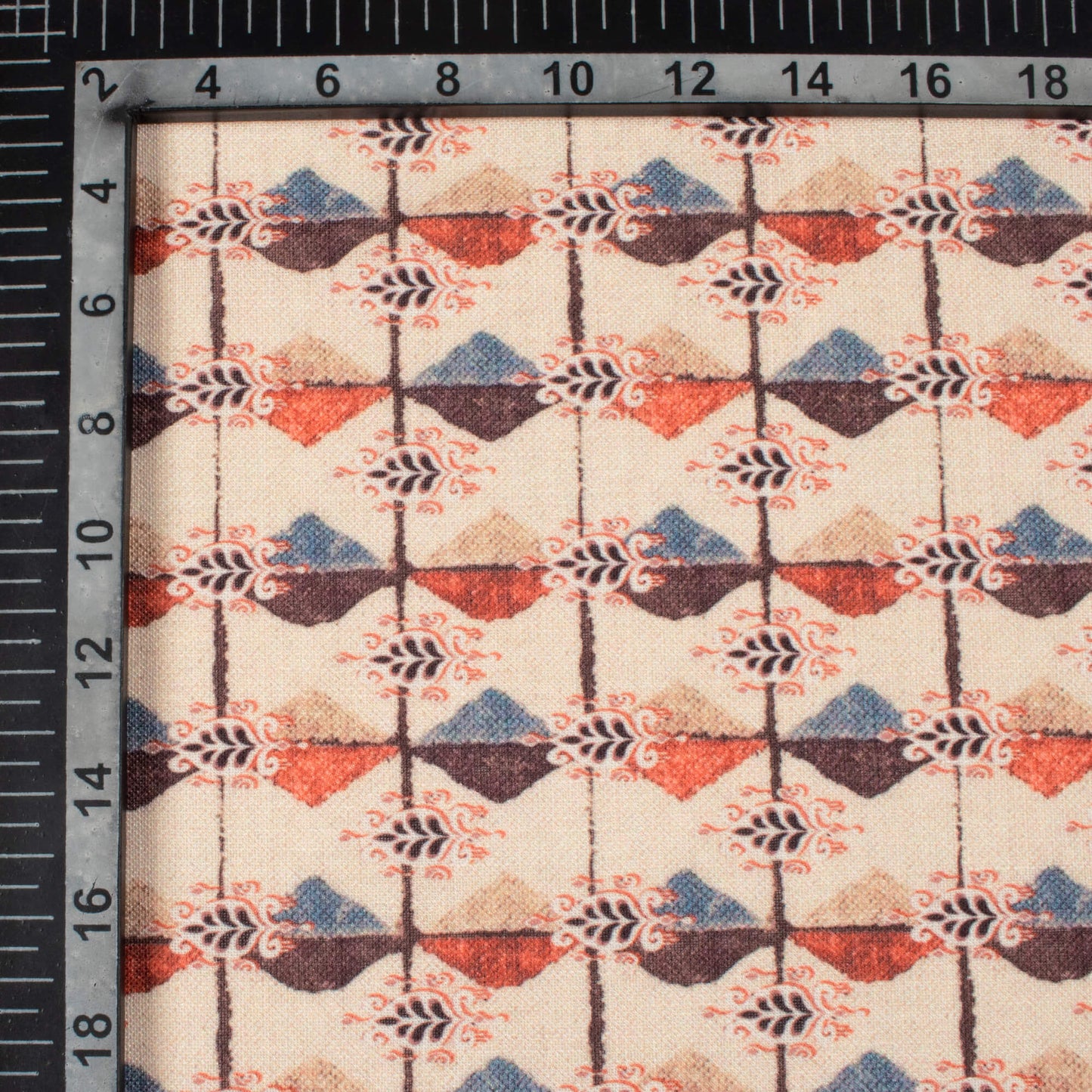 Ivory Cream And Red Geometric Pattern Digital Print Linen Textured Fabric (Width 56 Inches)