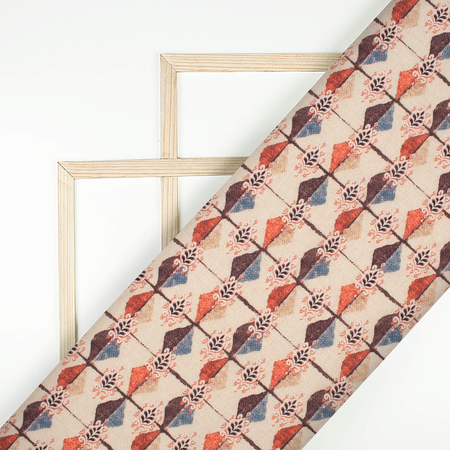 Ivory Cream And Red Geometric Pattern Digital Print Linen Textured Fabric (Width 56 Inches)