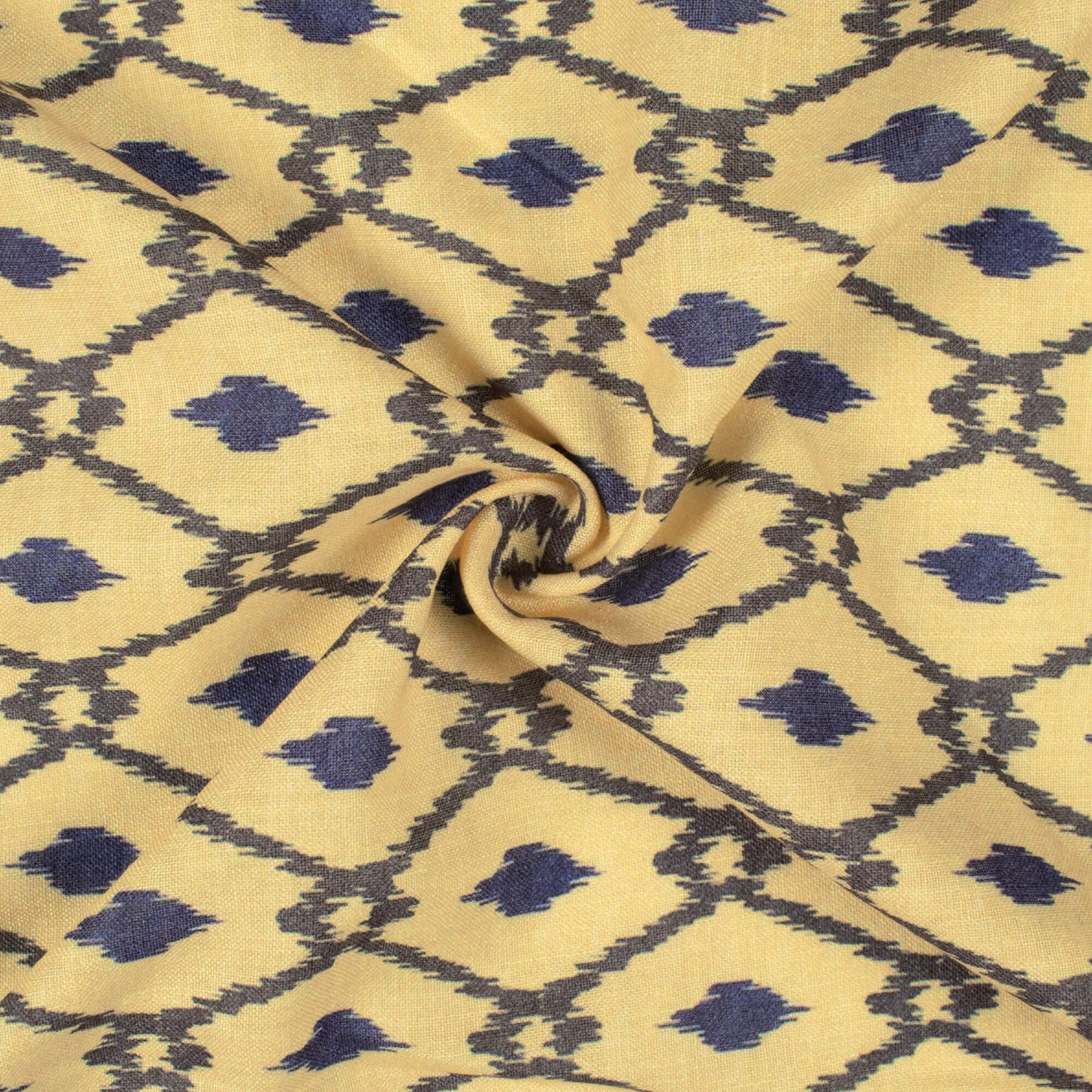 Mellow Yellow And Dark Blue Geometric Pattern Digital Print Linen Textured Fabric (Width 56 Inches)