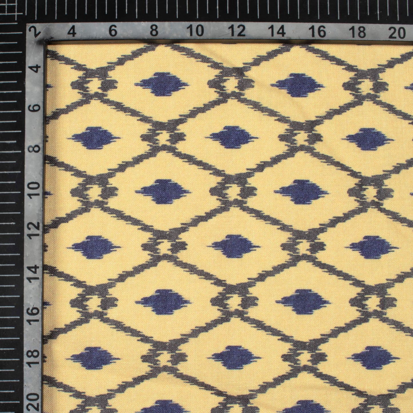 Mellow Yellow And Dark Blue Geometric Pattern Digital Print Linen Textured Fabric (Width 56 Inches)