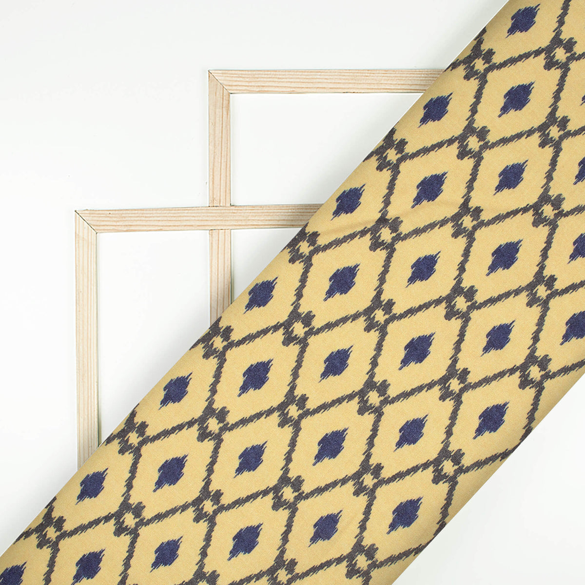 Mellow Yellow And Dark Blue Geometric Pattern Digital Print Linen Textured Fabric (Width 56 Inches)