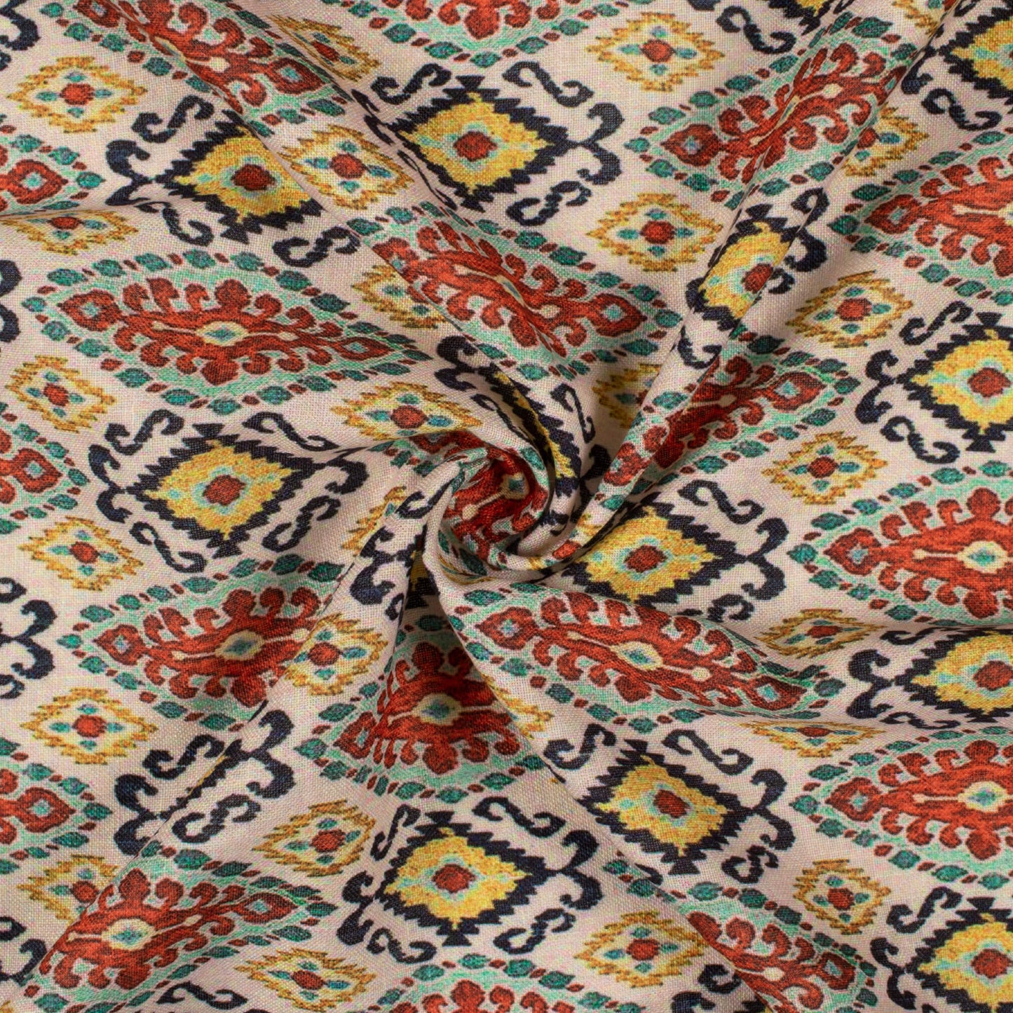 Ivory Cream And Blood Red Ethnic Pattern Digital Print Linen Textured Fabric (Width 56 Inches)