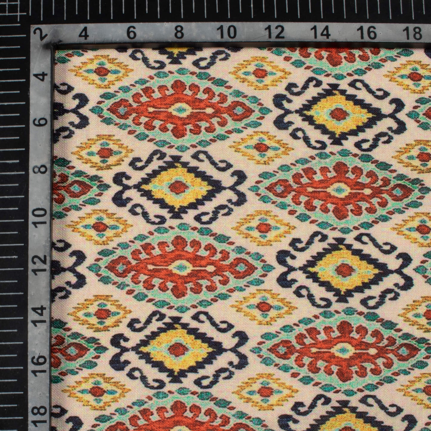 Ivory Cream And Blood Red Ethnic Pattern Digital Print Linen Textured Fabric (Width 56 Inches)