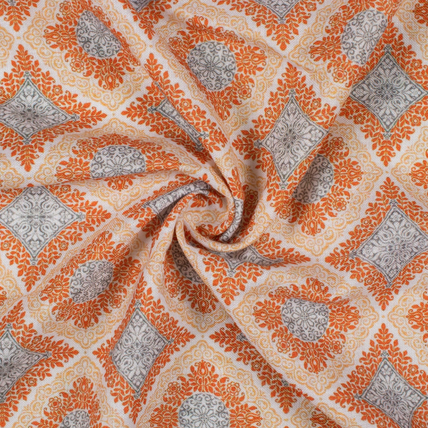 Ivory Cream And Burnt Orange Traditional Pattern Digital Print Linen Textured Fabric (Width 56 Inches)