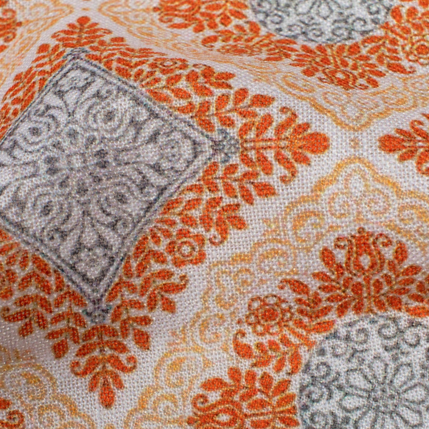Ivory Cream And Burnt Orange Traditional Pattern Digital Print Linen Textured Fabric (Width 56 Inches)