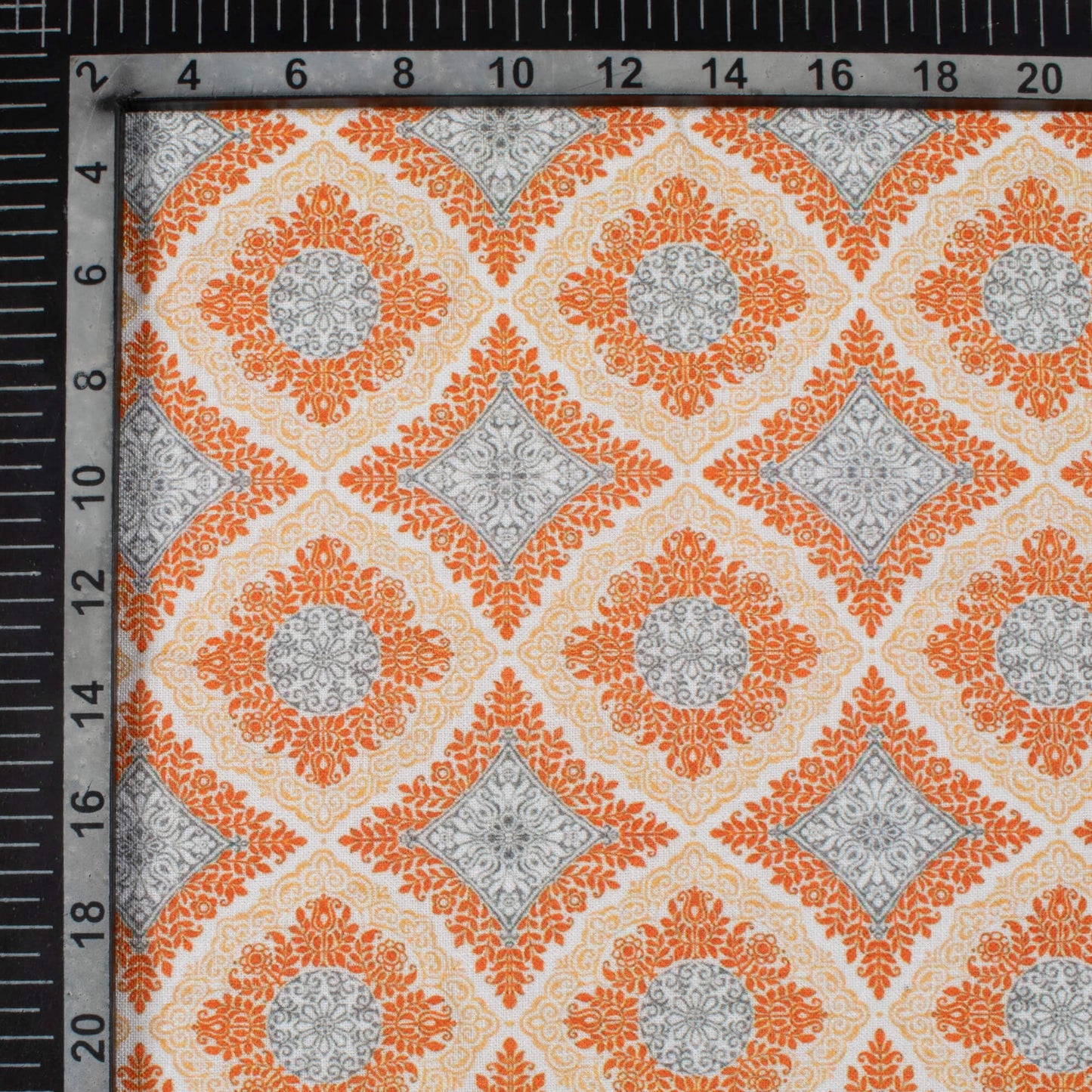Ivory Cream And Burnt Orange Traditional Pattern Digital Print Linen Textured Fabric (Width 56 Inches)