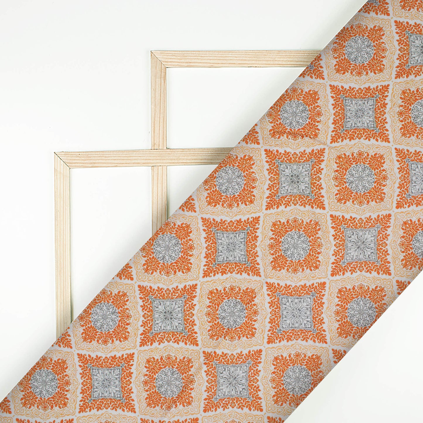 Ivory Cream And Burnt Orange Traditional Pattern Digital Print Linen Textured Fabric (Width 56 Inches)