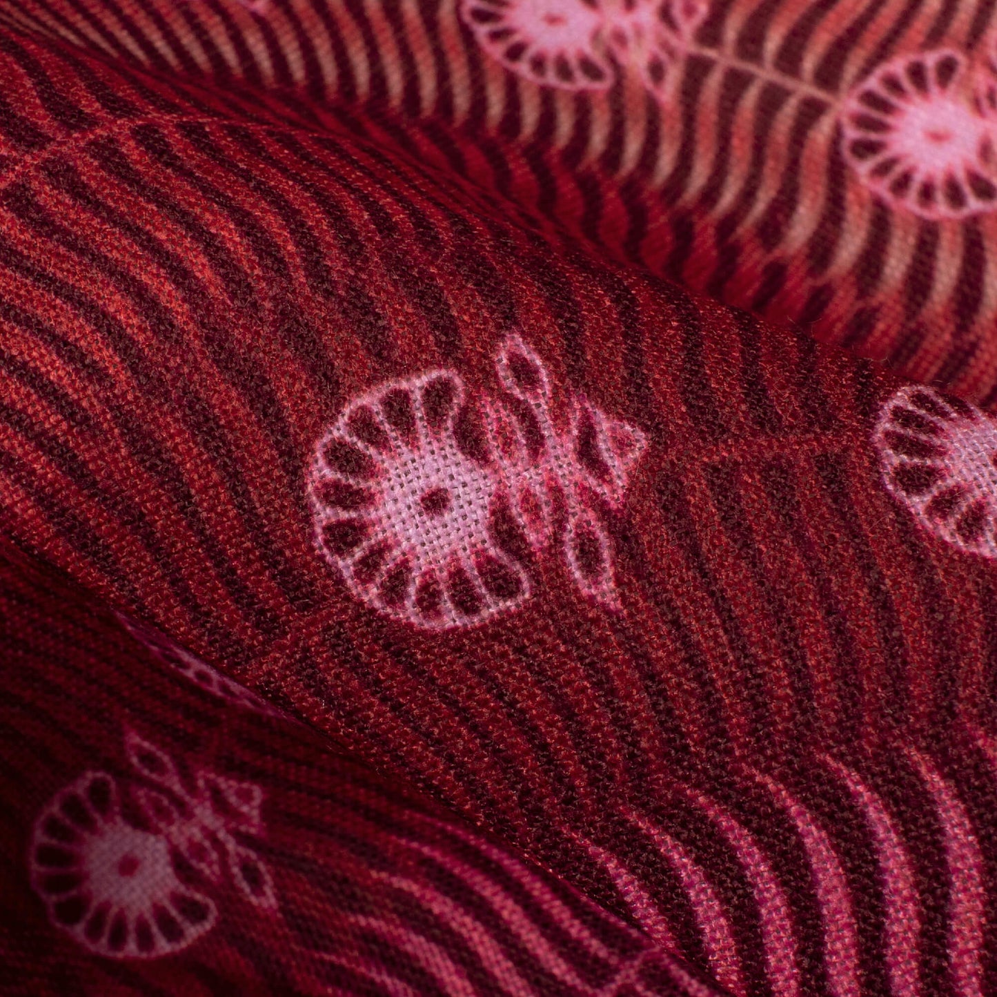 Punch Pink And Sangria Red Leheriya Pattern Digital Print Linen Textured Fabric (Width 56 Inches)