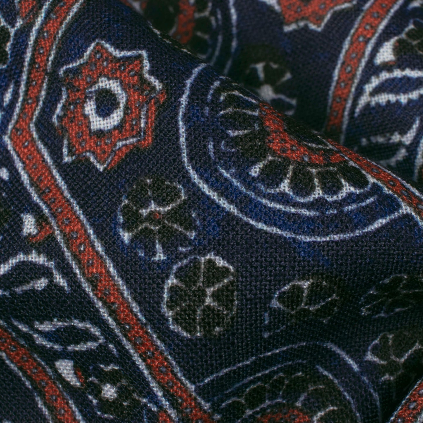 Space Blue And Maroon Ajrakh Pattern Digital Print Linen Textured Fabric (Width 56 Inches)