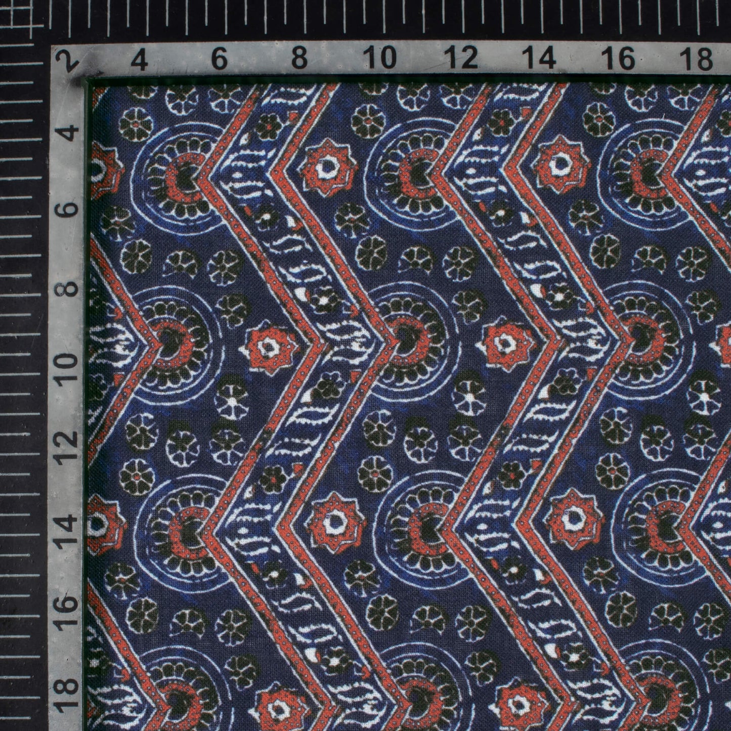 Space Blue And Maroon Ajrakh Pattern Digital Print Linen Textured Fabric (Width 56 Inches)