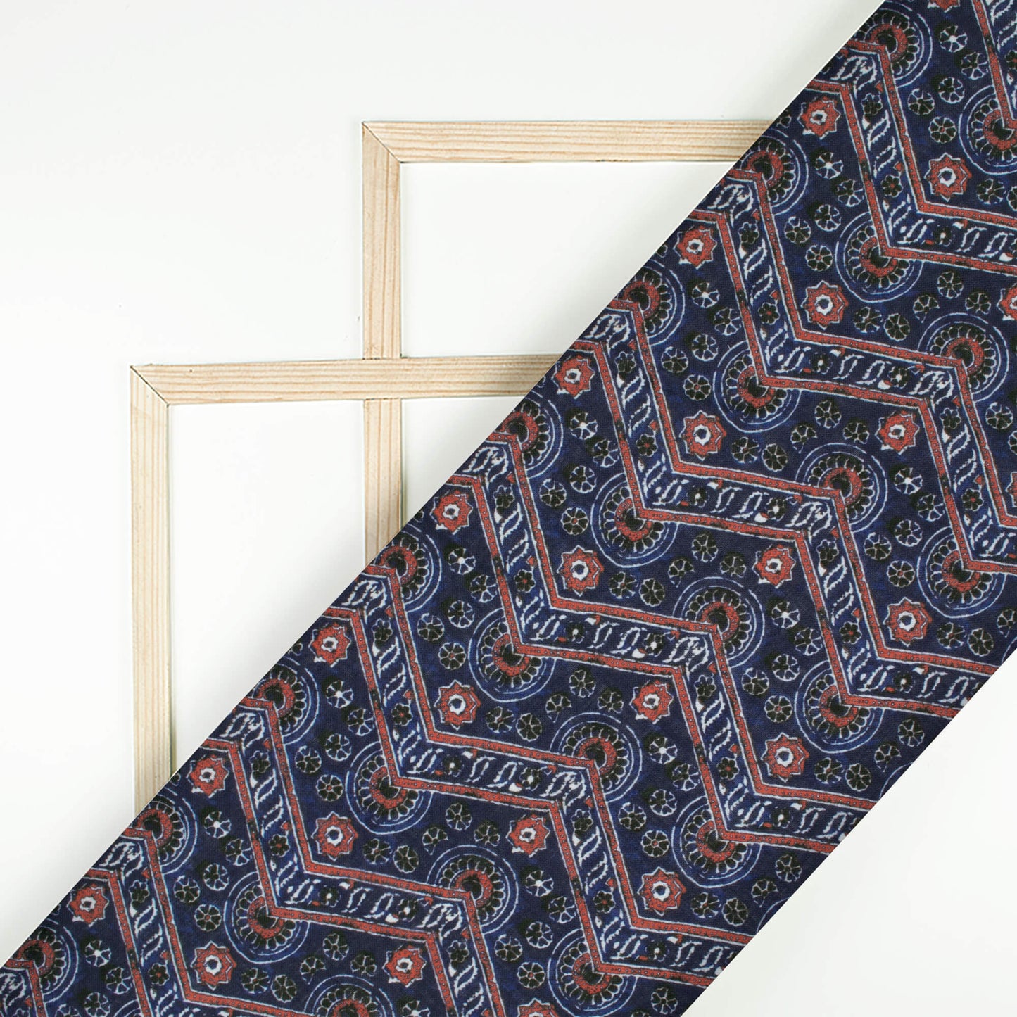 Space Blue And Maroon Ajrakh Pattern Digital Print Linen Textured Fabric (Width 56 Inches)