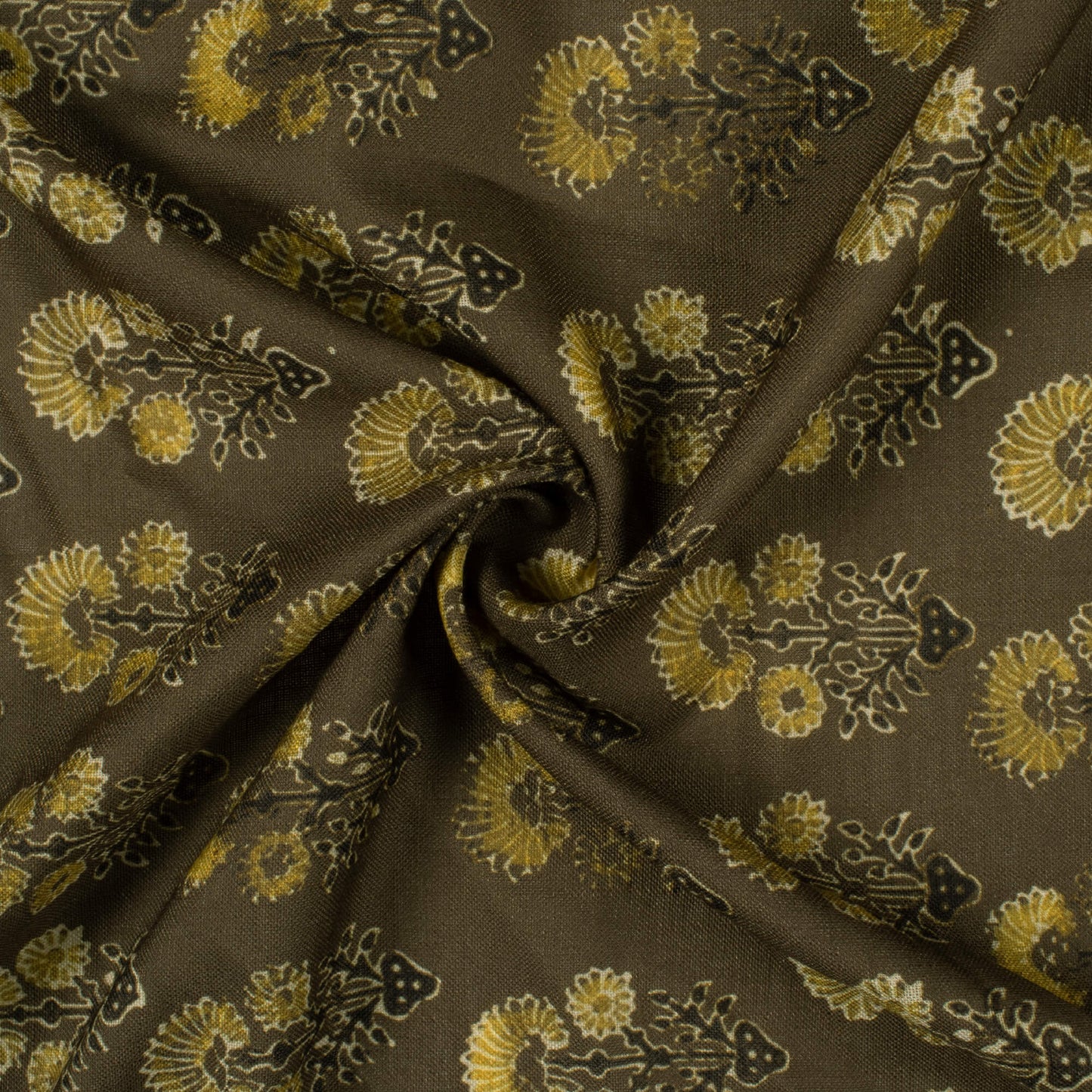 Olive Green Floral Pattern Digital Print Linen Textured Fabric (Width 56 Inches)