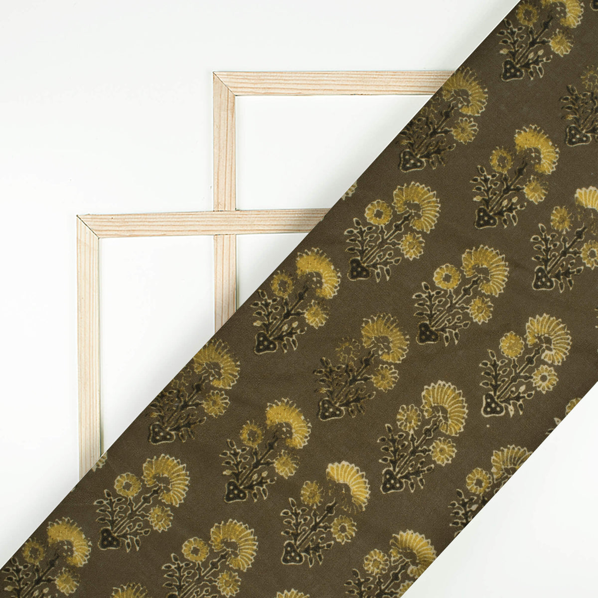 Olive Green Floral Pattern Digital Print Linen Textured Fabric (Width 56 Inches)