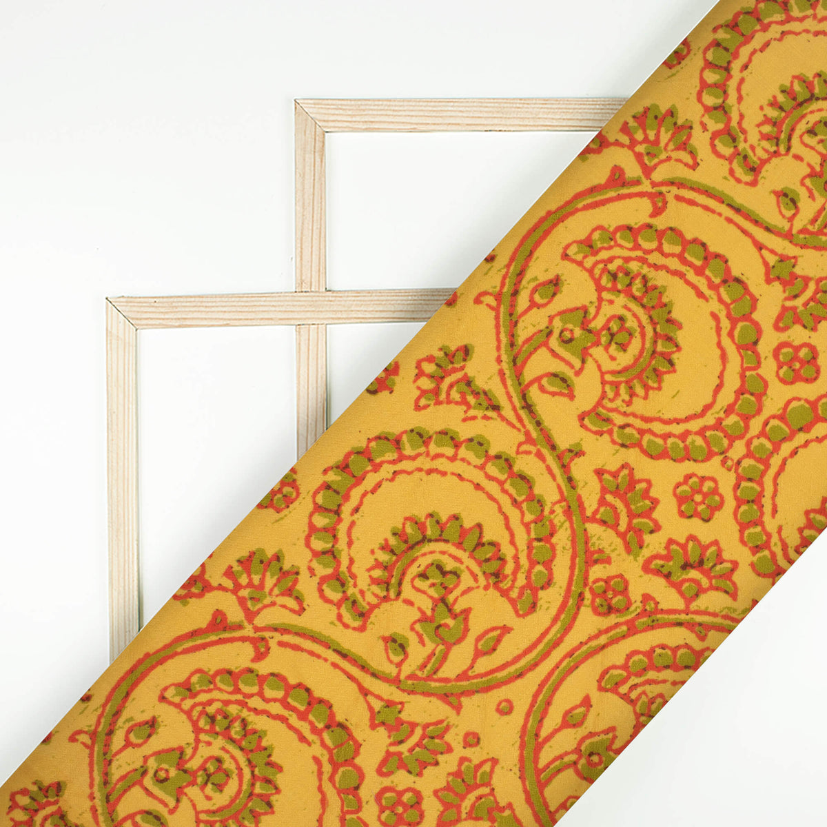 Goldenrod Yellow And Red Floral Pattern Digital Print Linen Textured Fabric (Width 56 Inches)