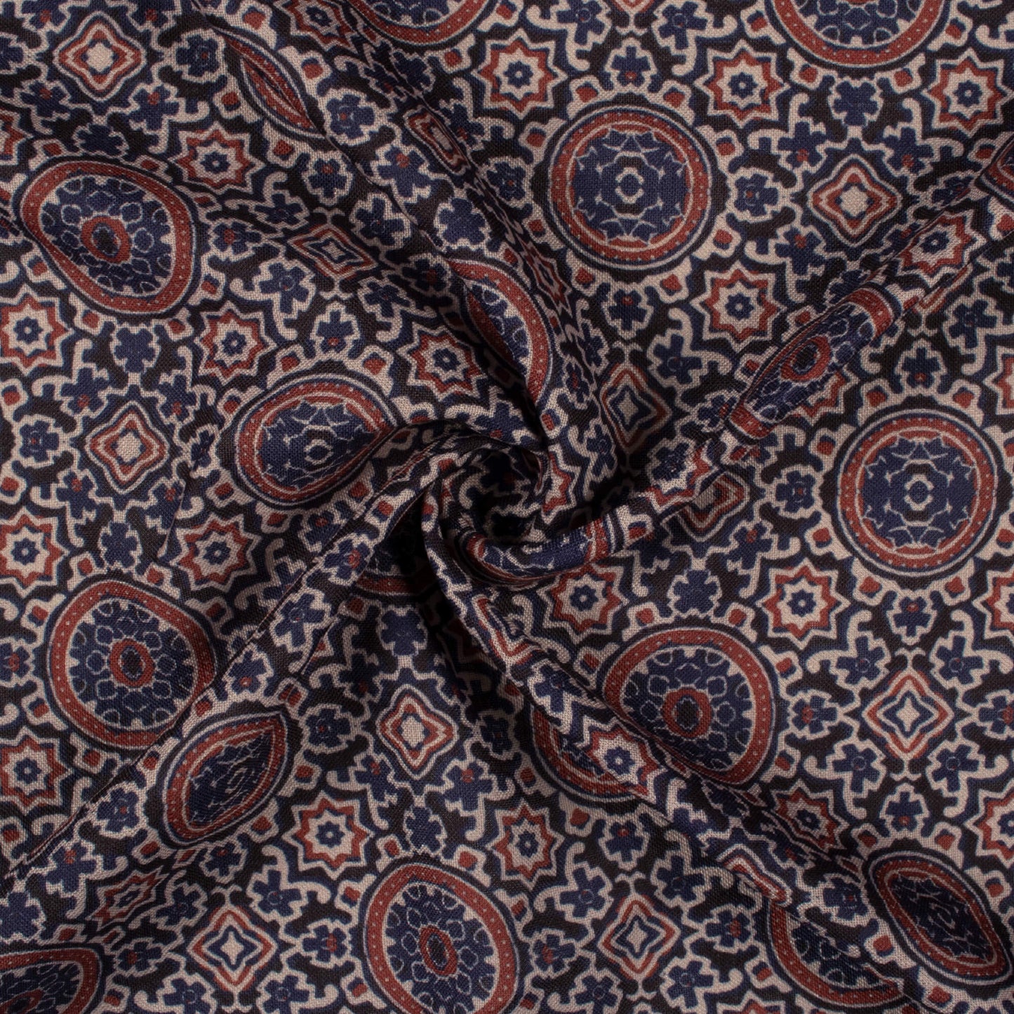 Dark Blue And Sangria Red Ajrakh Pattern Digital Print Linen Textured Fabric (Width 56 Inches)