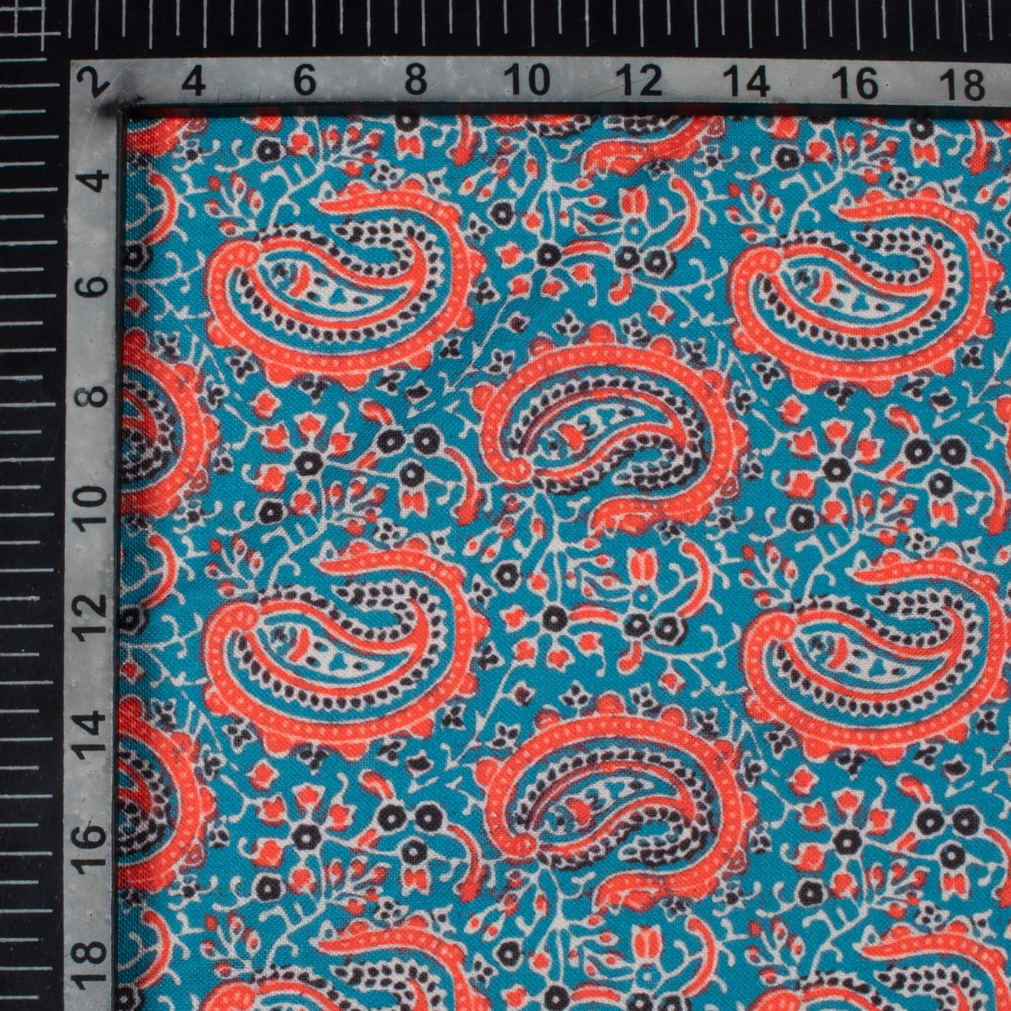 Peacock Blue And Persian Red Paisley Pattern Digital Print Linen Textured Fabric (Width 56 Inches)