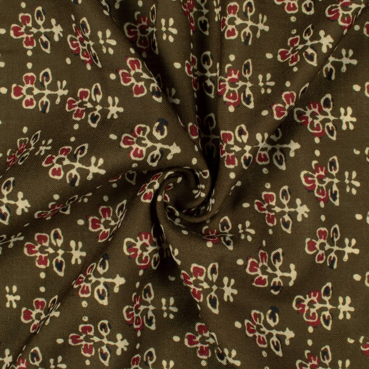 Army Green And Maroon Ajrakh Pattern Digital Print Linen Textured Fabric (Width 56 Inches)