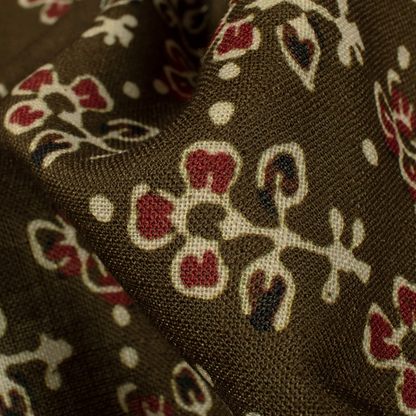 Army Green And Maroon Ajrakh Pattern Digital Print Linen Textured Fabric (Width 56 Inches)