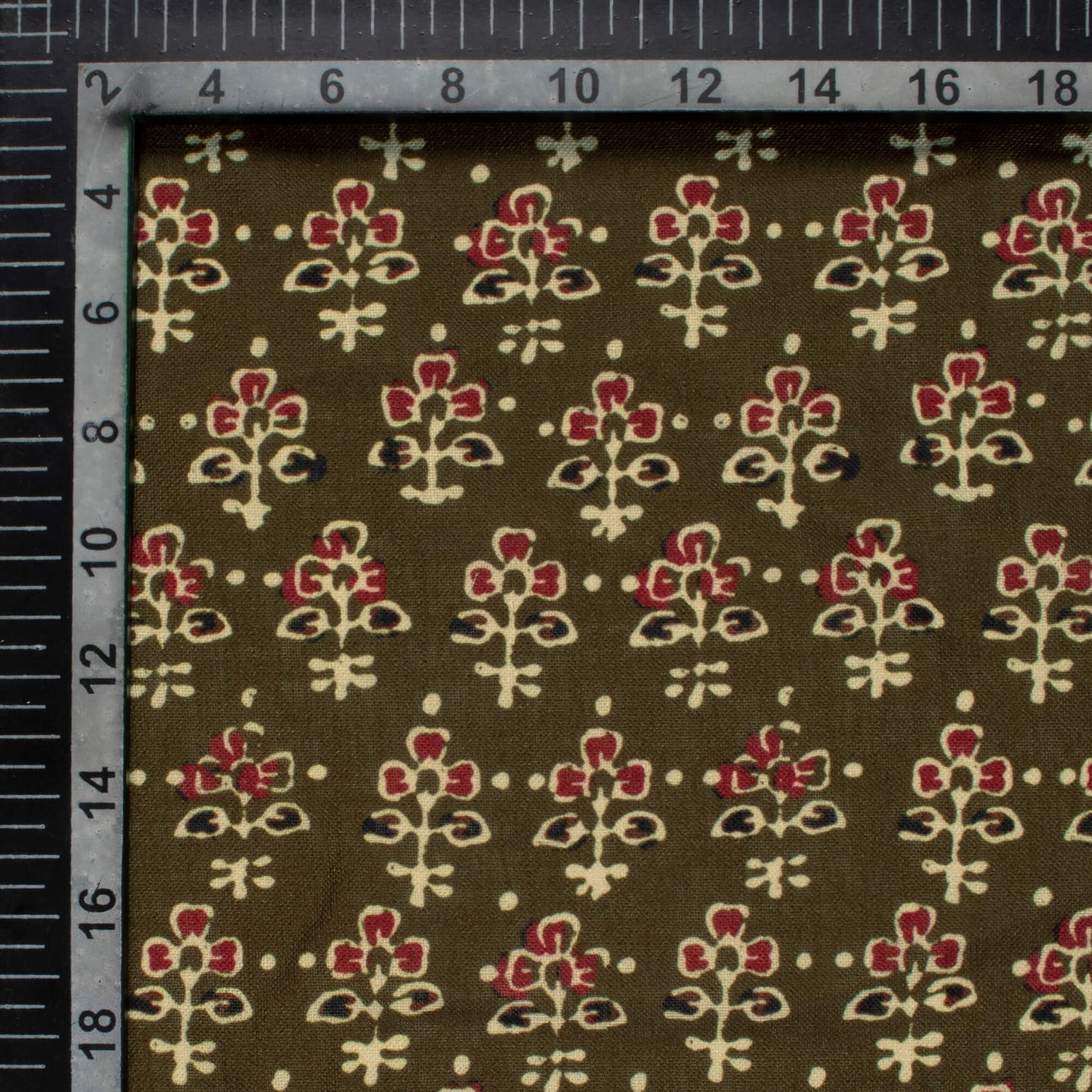 Army Green And Maroon Ajrakh Pattern Digital Print Linen Textured Fabric (Width 56 Inches)