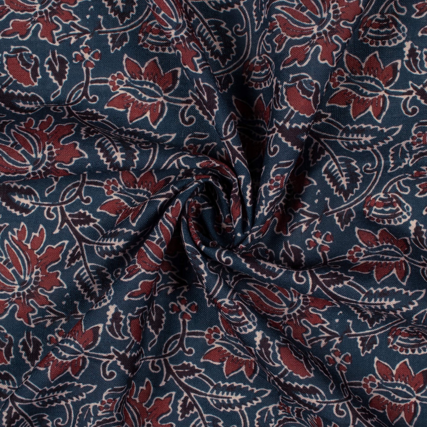 Aegean Blue And Maroon Ajrakh Pattern Digital Print Linen Textured Fabric (Width 56 Inches)