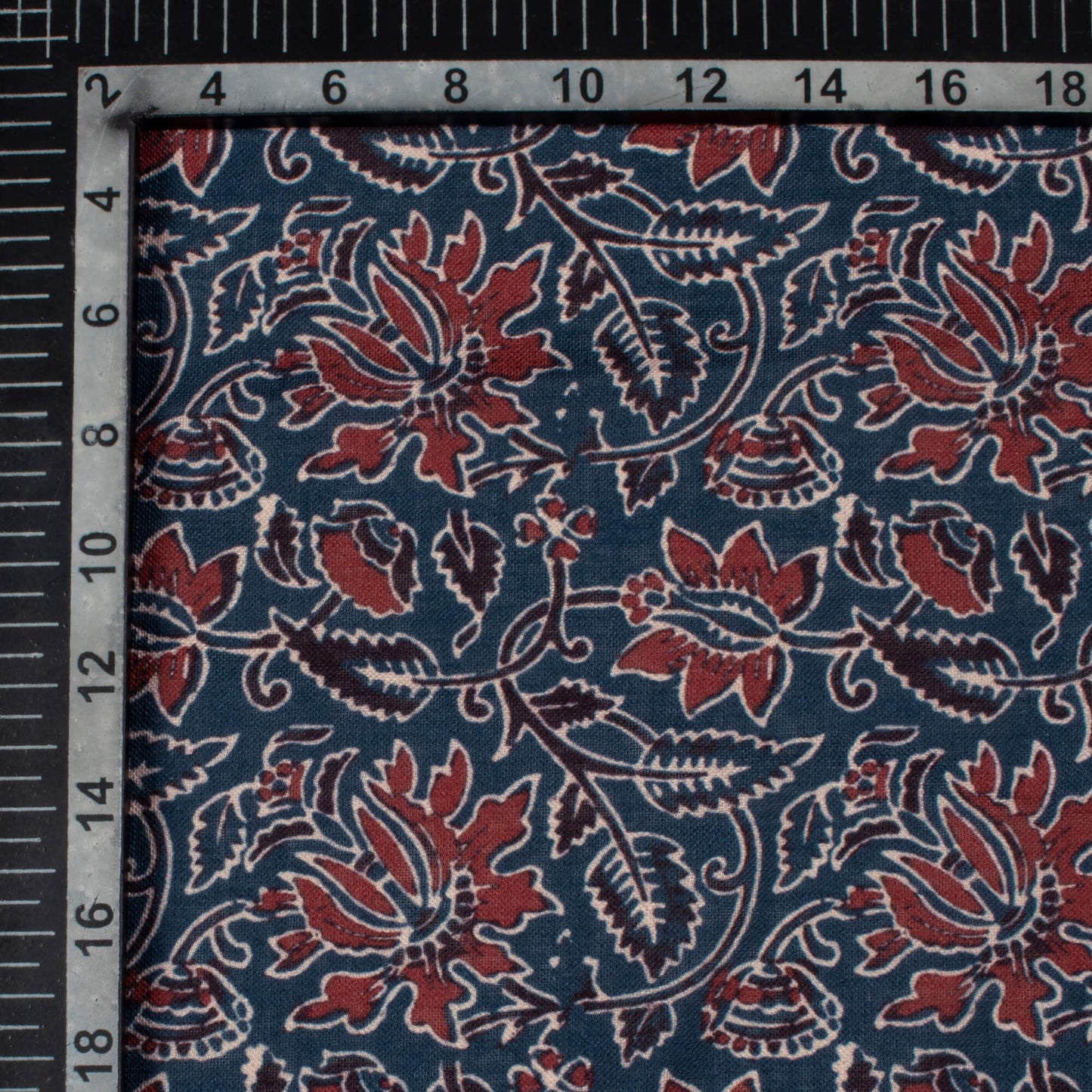 Aegean Blue And Maroon Ajrakh Pattern Digital Print Linen Textured Fabric (Width 56 Inches)