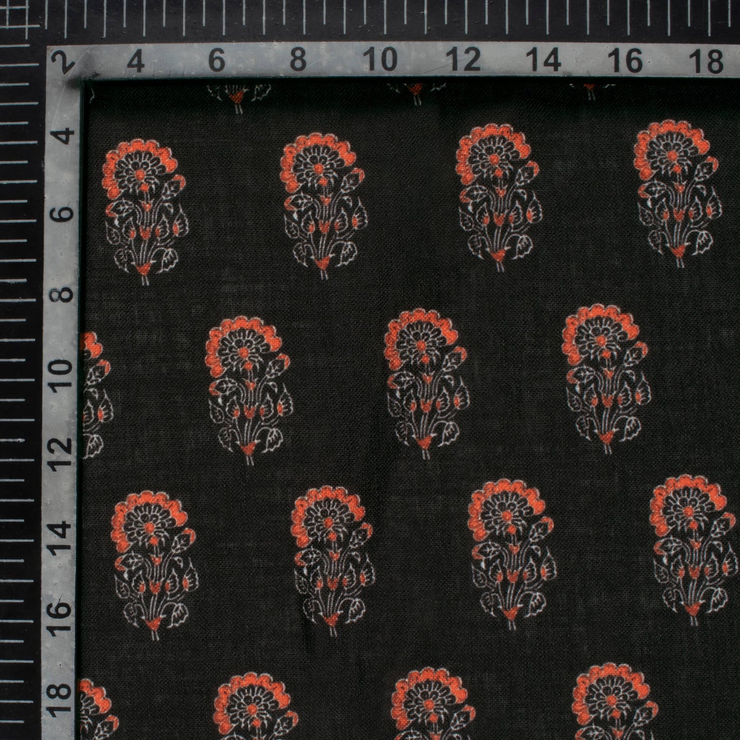 Black And Orange Floral Pattern Digital Print Linen Textured Fabric (Width 56 Inches)