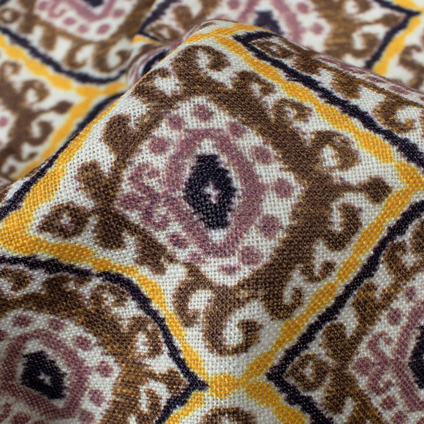 Coffee Brown And Honey Yellow Trellis Pattern Digital Print Linen Textured Fabric (Width 56 Inches)