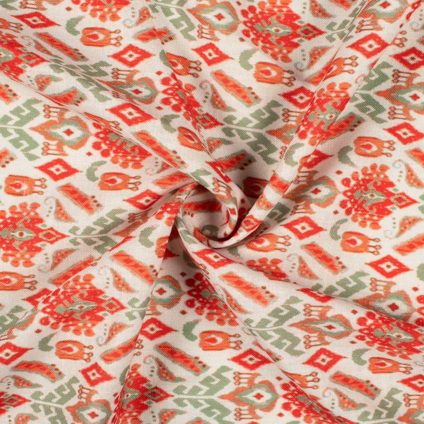 Fire Brick Red And Off White Ethnic Pattern Digital Print Linen Textured Fabric (Width 56 Inches)