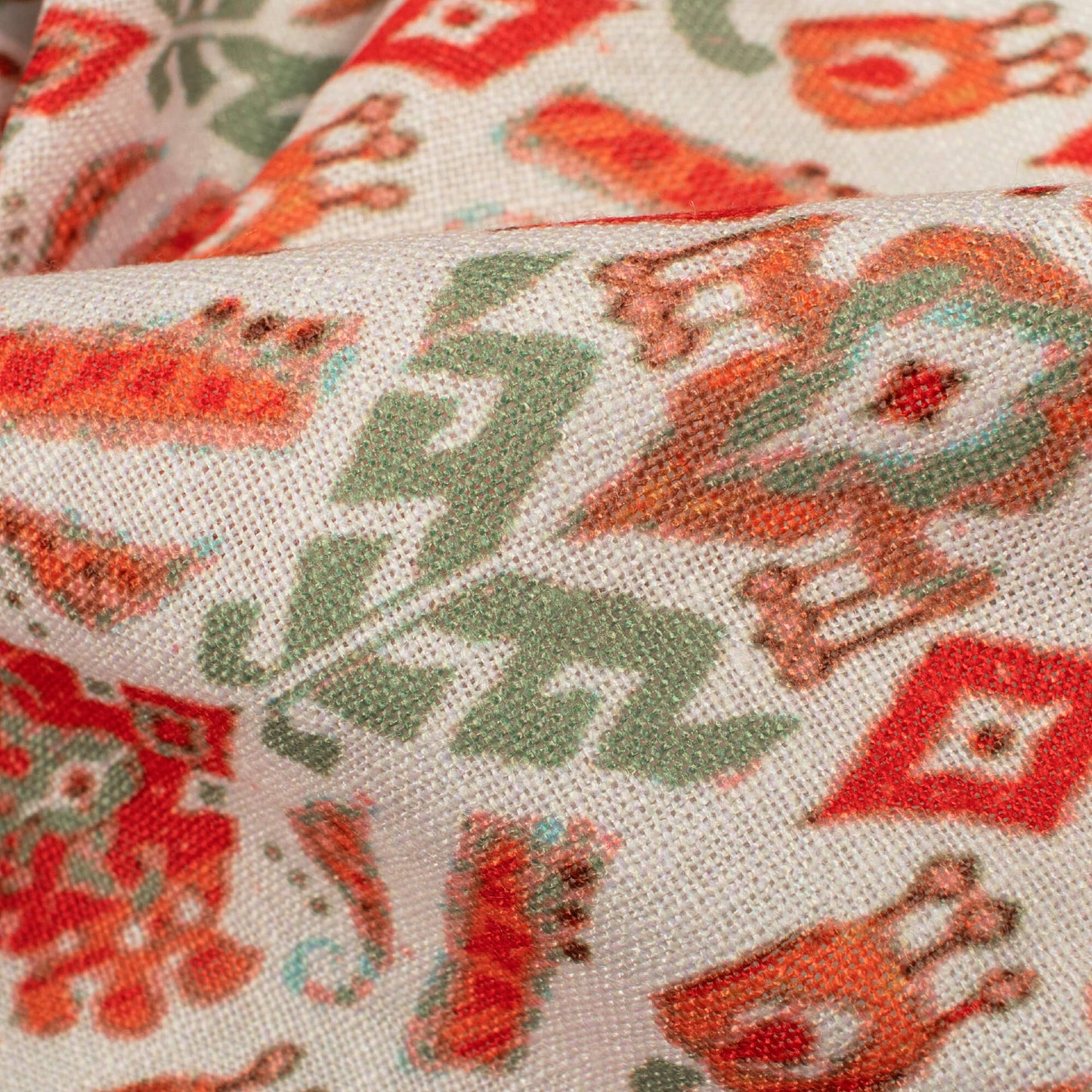 Fire Brick Red And Off White Ethnic Pattern Digital Print Linen Textured Fabric (Width 56 Inches)