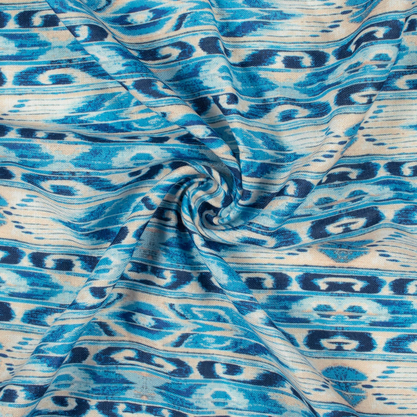 Cerulean Blue And Cream Stripes Pattern Digital Print Linen Textured Fabric (Width 56 Inches)