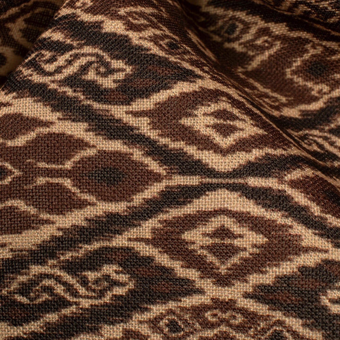 Coffee Brown And Black Geometric Pattern Digital Print Linen Textured Fabric (Width 56 Inches)