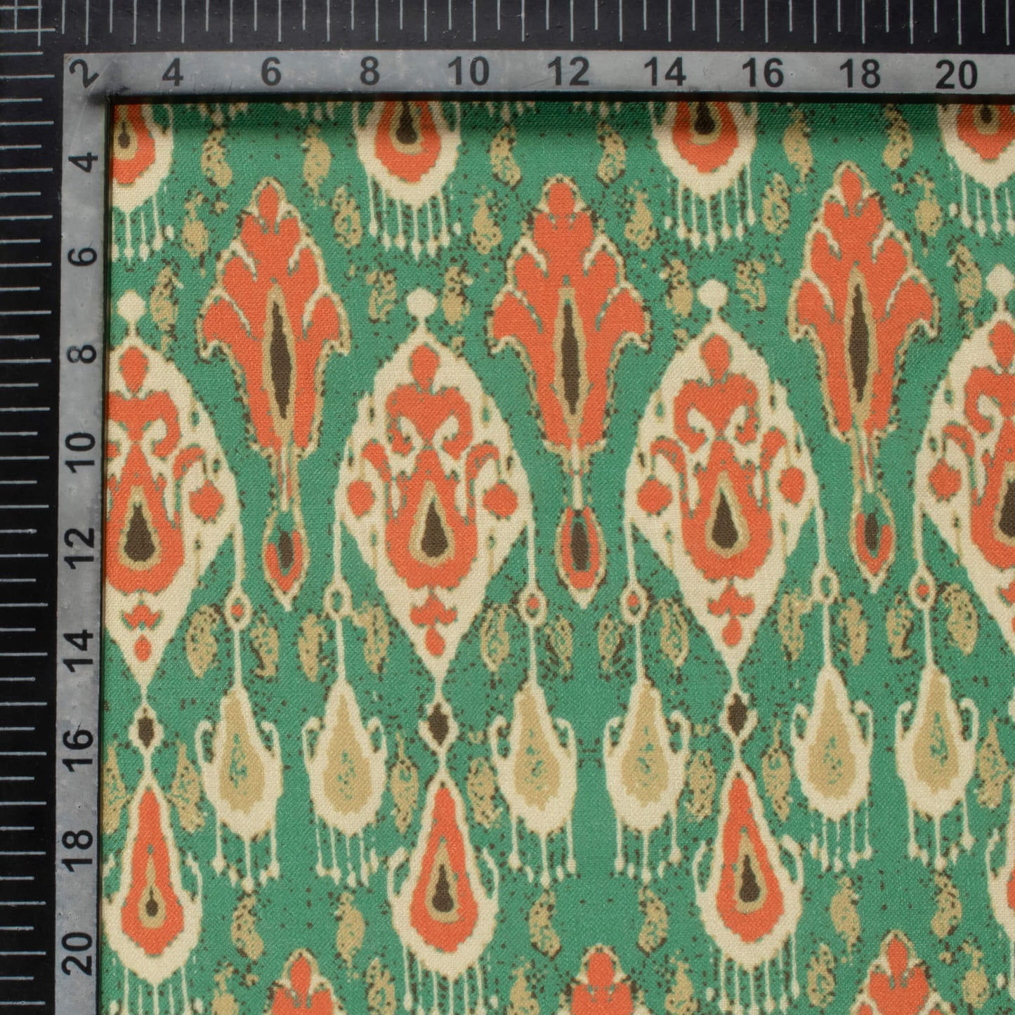 Middle Green And Coral Orange Ethnic Pattern Digital Print Linen Textured Fabric (Width 56 Inches)