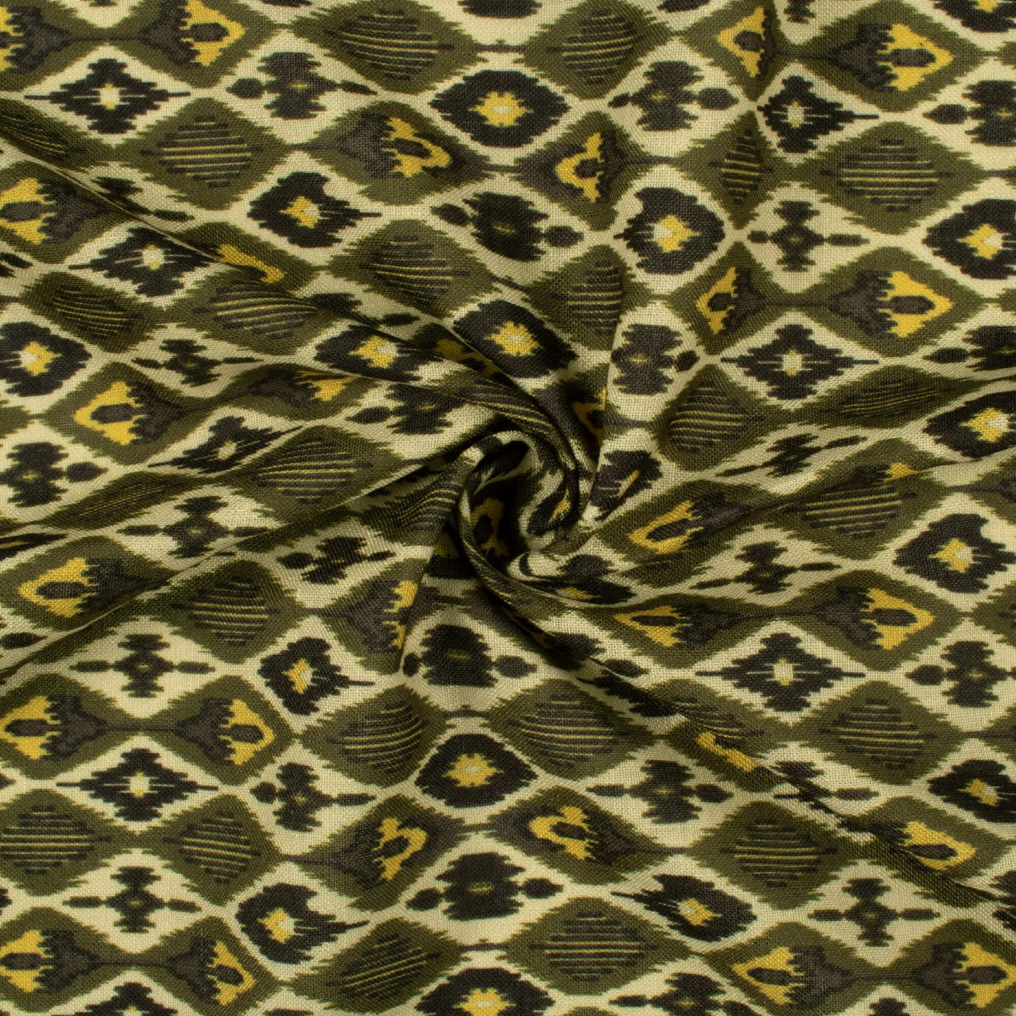 Army Green And Black Geometric Pattern Digital Print Linen Textured Fabric (Width 56 Inches)