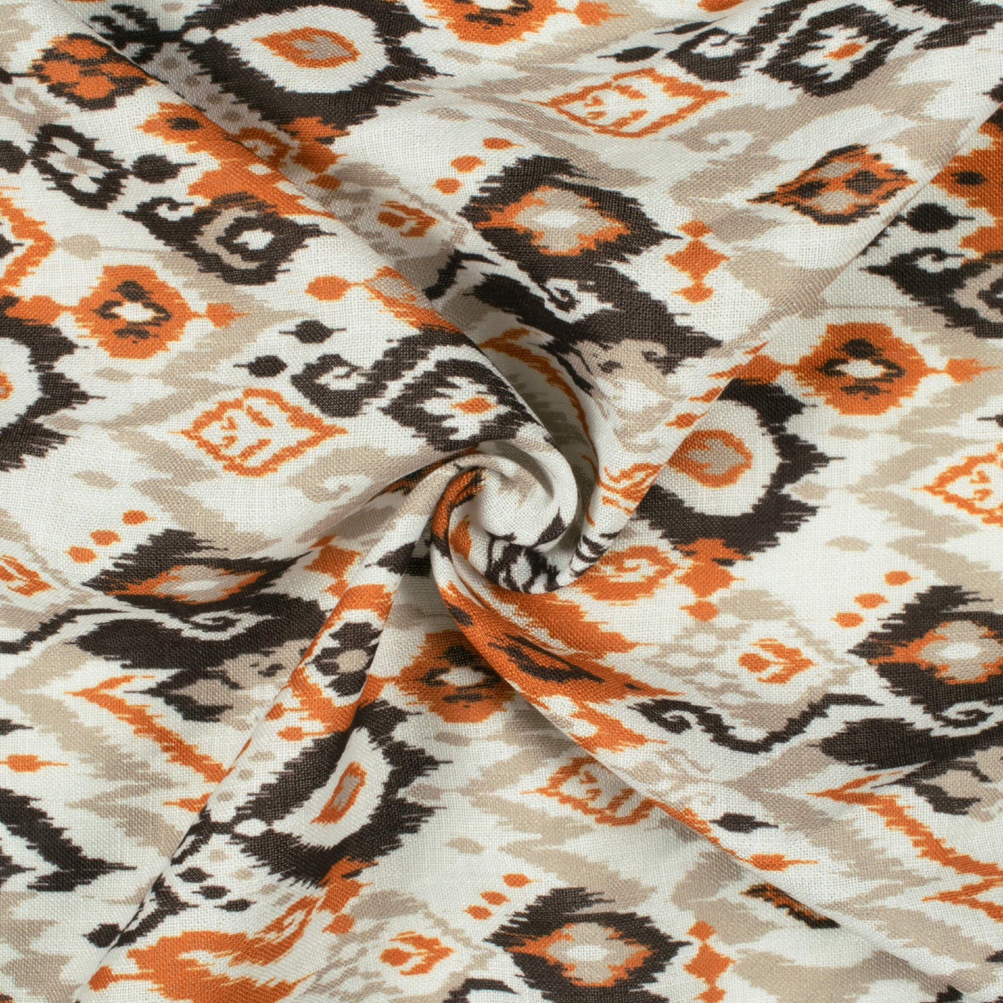 Off White And Burnt Orange Ikkat Pattern Digital Print Linen Textured Fabric (Width 56 Inches)