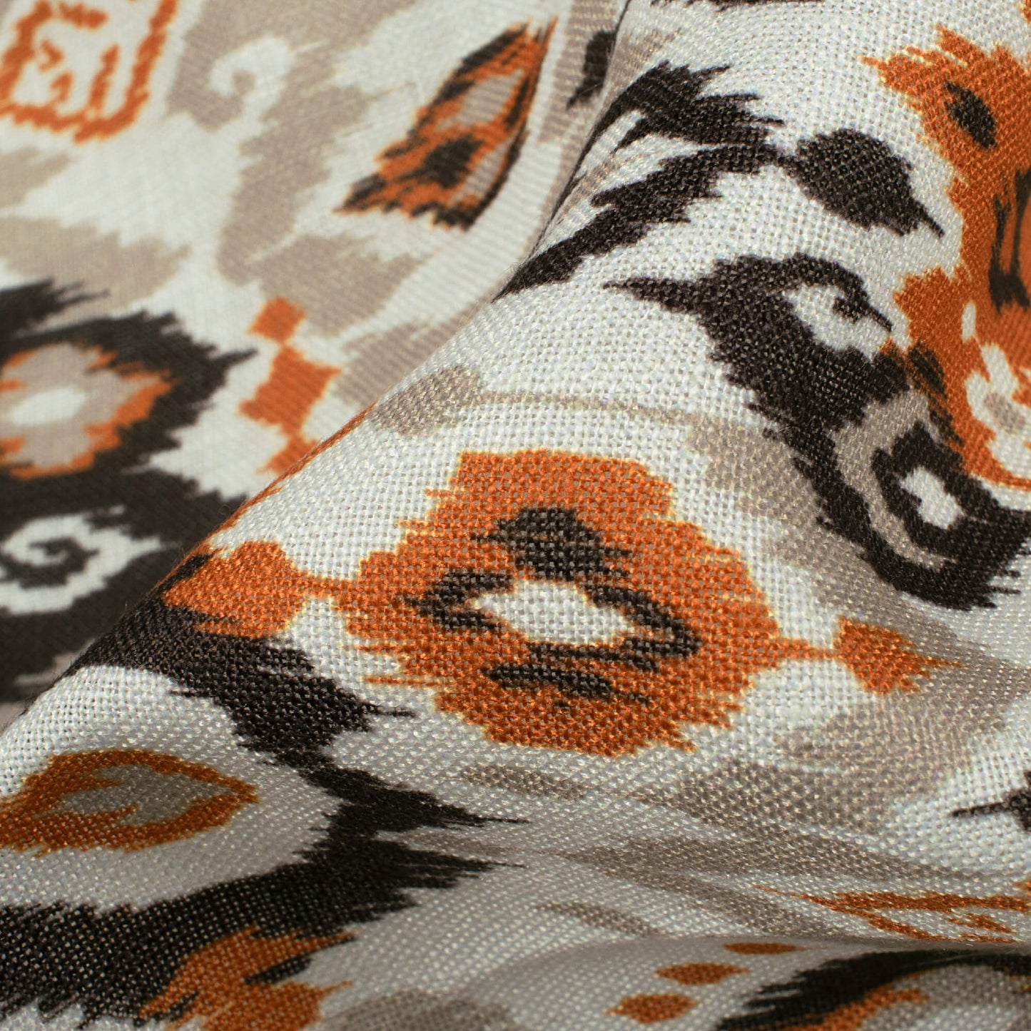 Off White And Burnt Orange Ikkat Pattern Digital Print Linen Textured Fabric (Width 56 Inches)