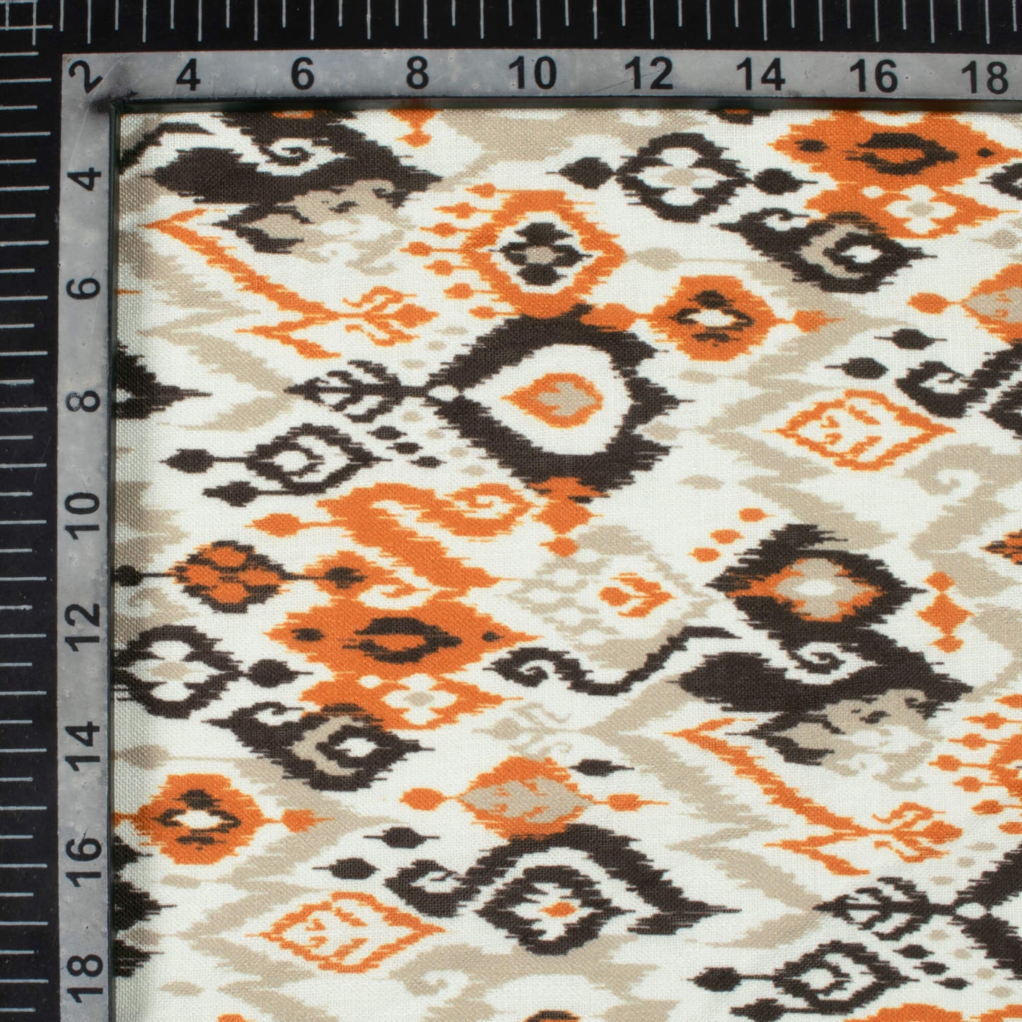 Off White And Burnt Orange Ikkat Pattern Digital Print Linen Textured Fabric (Width 56 Inches)