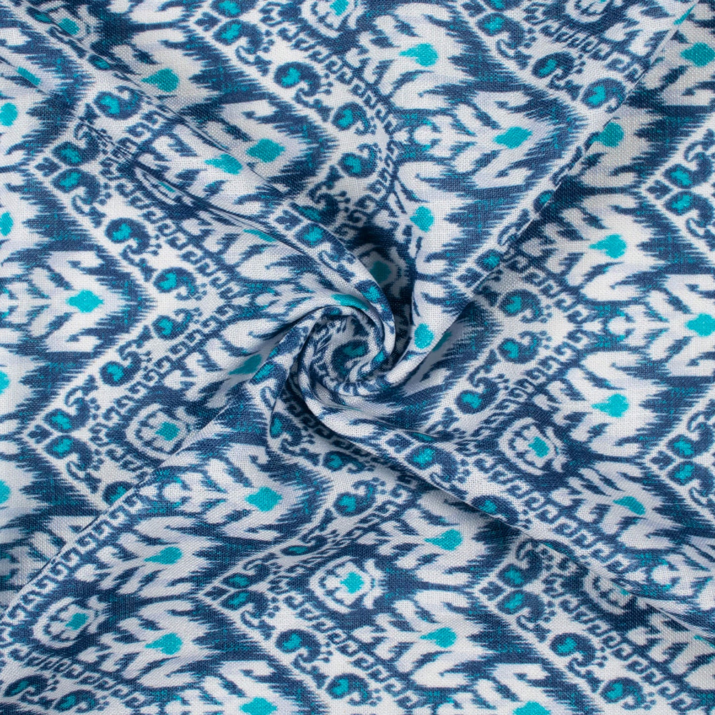 Space Blue And White Ethnic Pattern Digital Print Linen Textured Fabric (Width 56 Inches)
