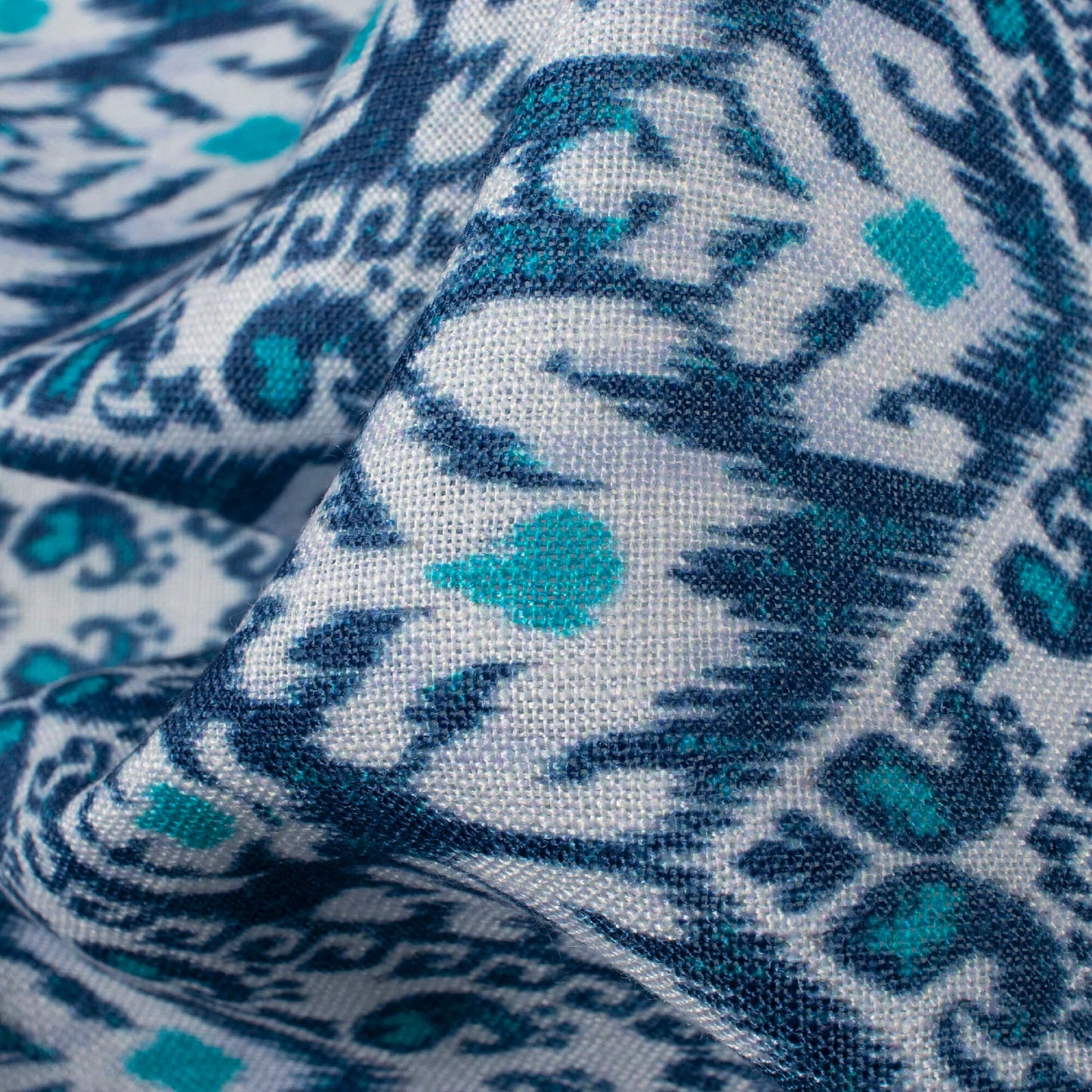 Space Blue And White Ethnic Pattern Digital Print Linen Textured Fabric (Width 56 Inches)