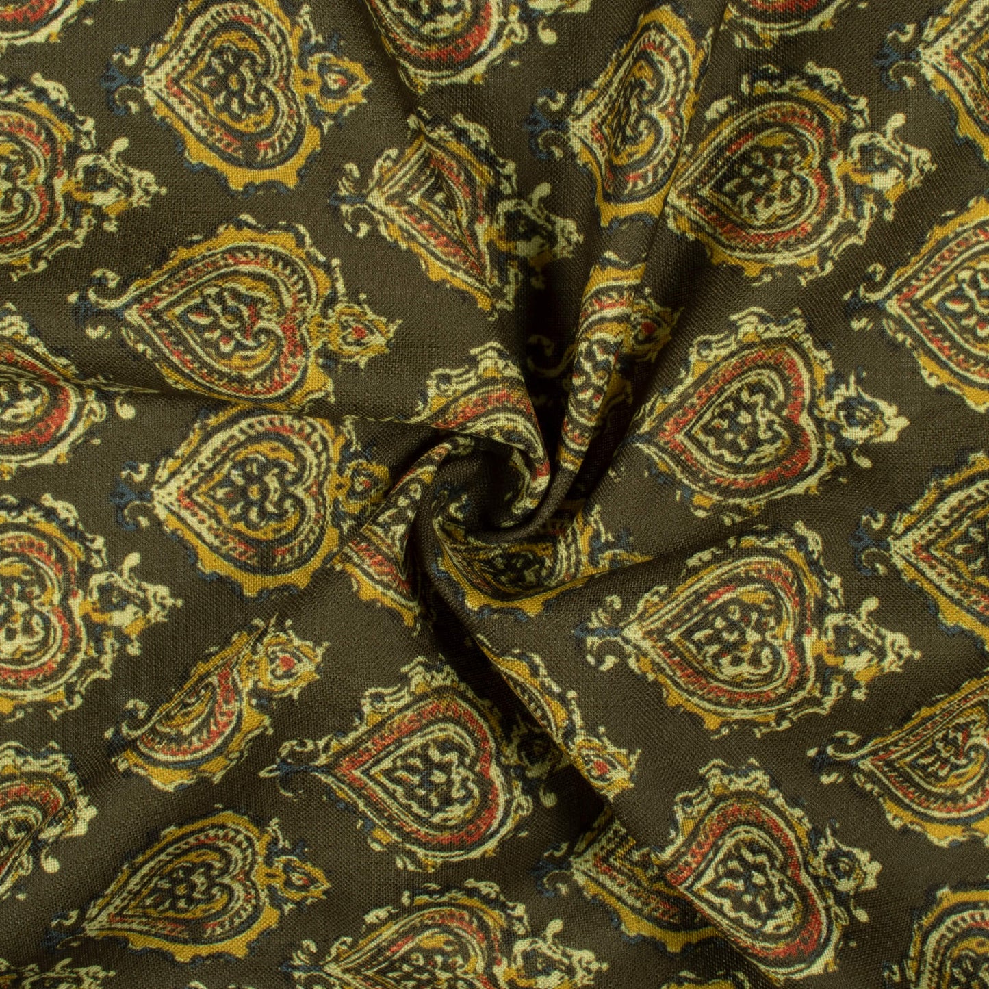 Olive Green And Burnt Orange Leaf Pattern Digital Print Linen Textured Fabric (Width 56 Inches)