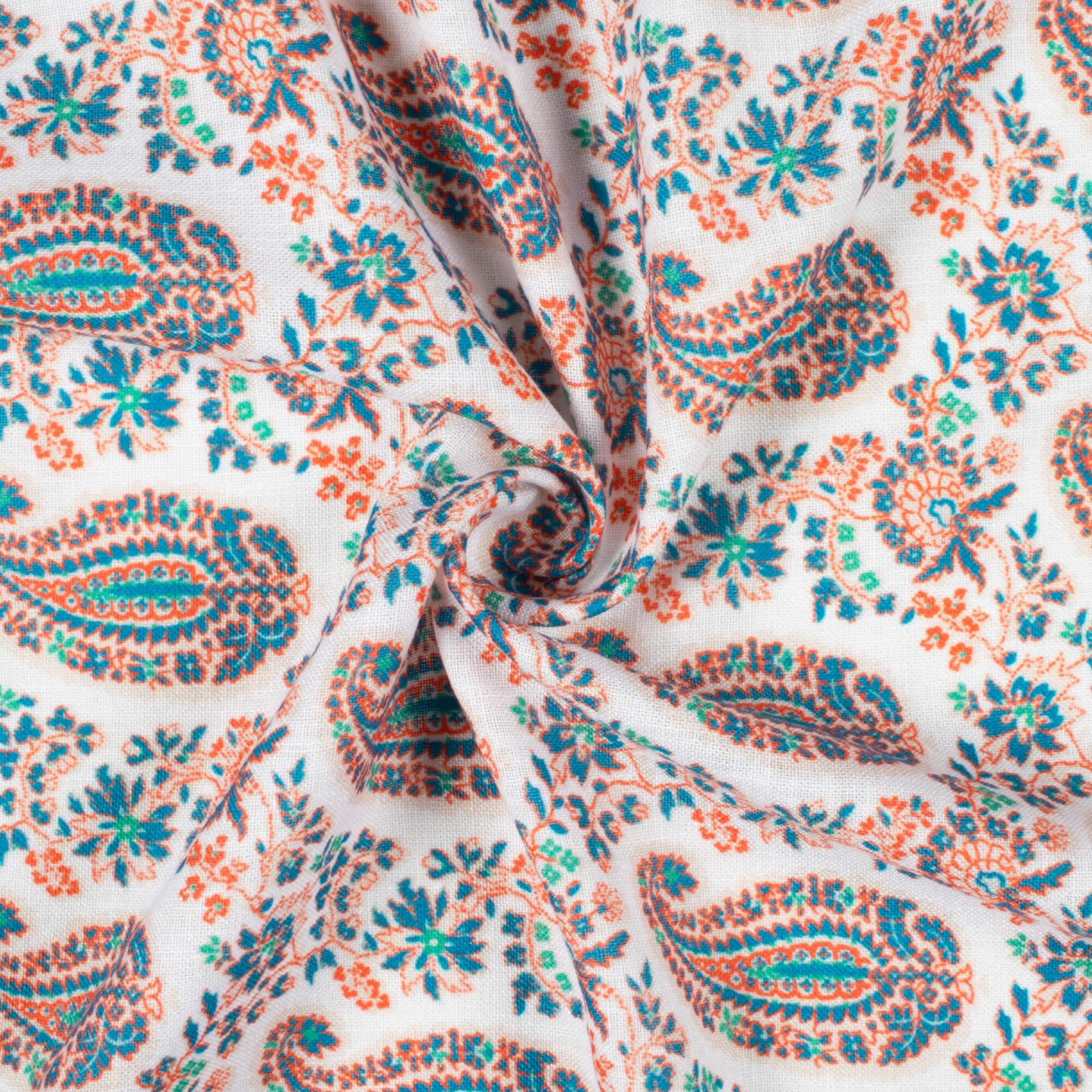 White And Dark Orange Paisley Pattern Digital Print Linen Textured Fabric (Width 56 Inches)