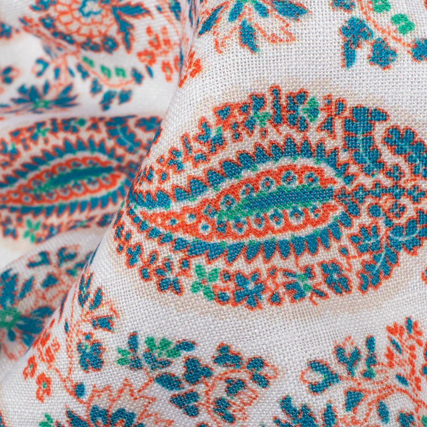 White And Dark Orange Paisley Pattern Digital Print Linen Textured Fabric (Width 56 Inches)