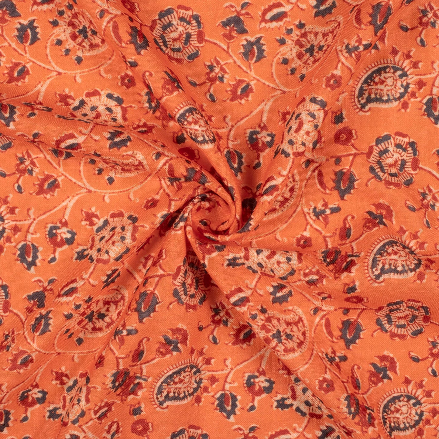 Salamander Orange And Dark Orange Floral Pattern Digital Print Linen Textured Fabric (Width 56 Inches)