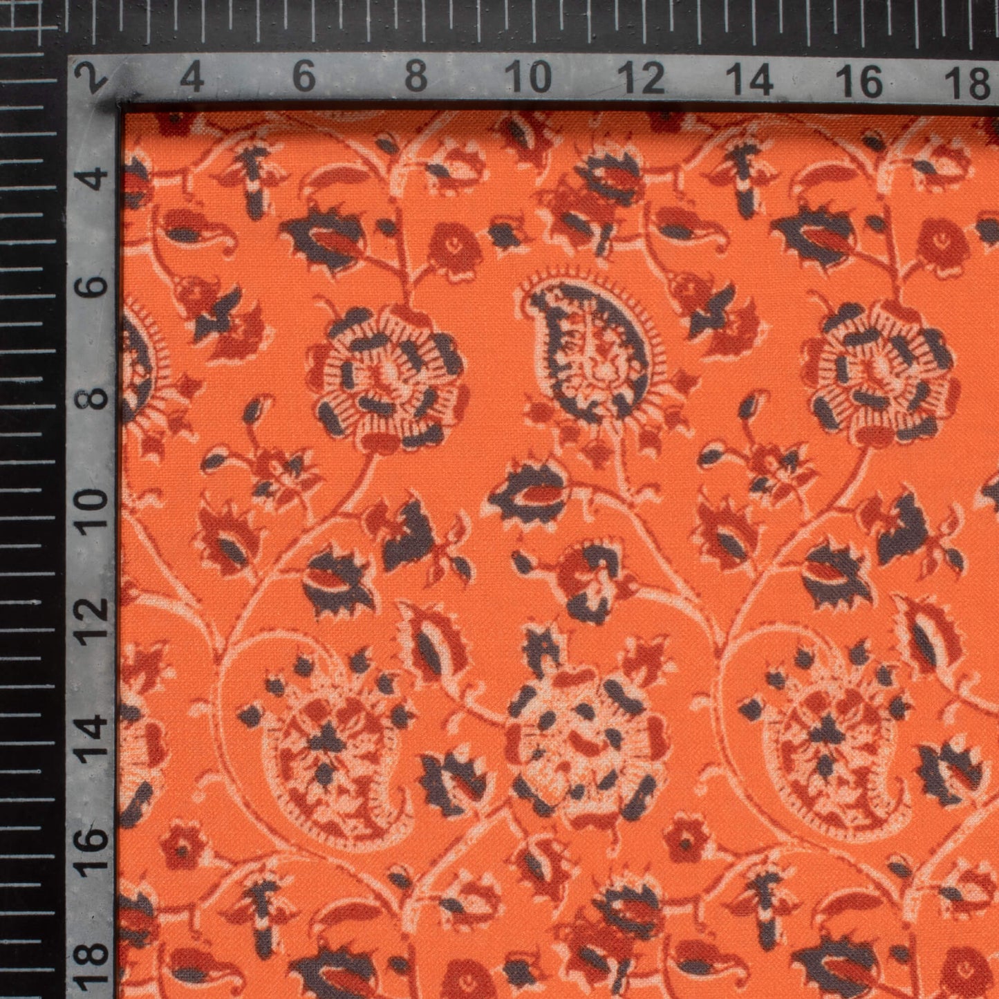 Salamander Orange And Dark Orange Floral Pattern Digital Print Linen Textured Fabric (Width 56 Inches)