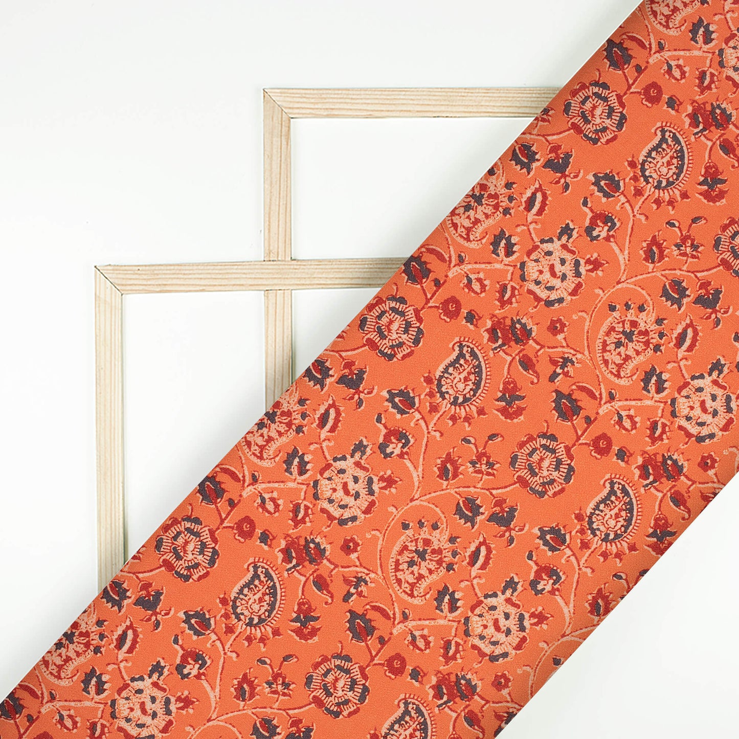 Salamander Orange And Dark Orange Floral Pattern Digital Print Linen Textured Fabric (Width 56 Inches)