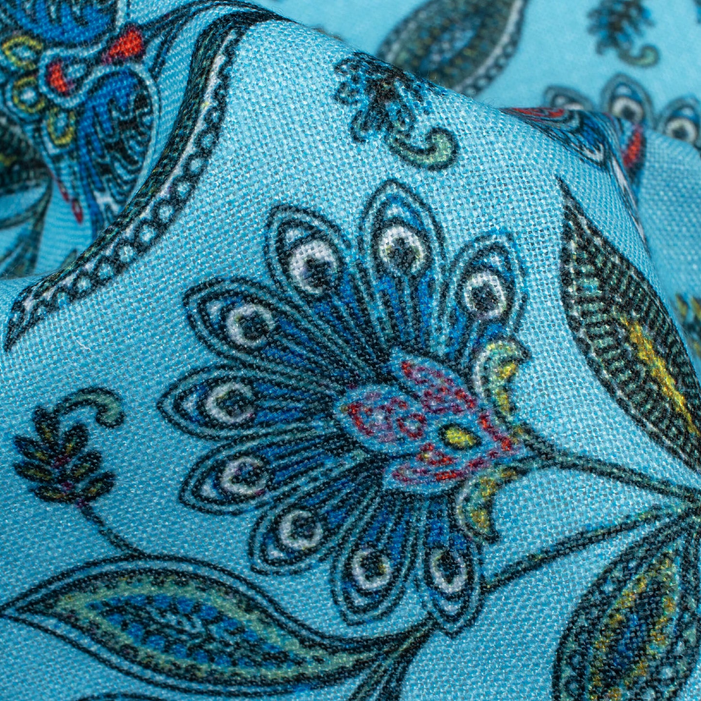 Sky Blue And Green Leaf Pattern Digital Print Linen Textured Fabric (Width 56 Inches)