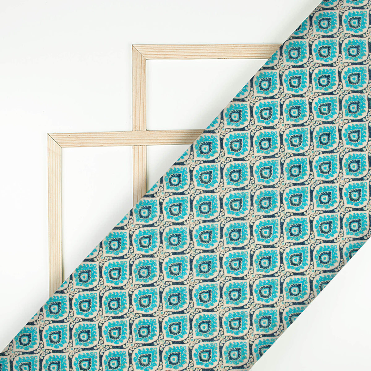 Off White And Sky Blue Trellis Pattern Digital Print Linen Textured Fabric (Width 56 Inches)