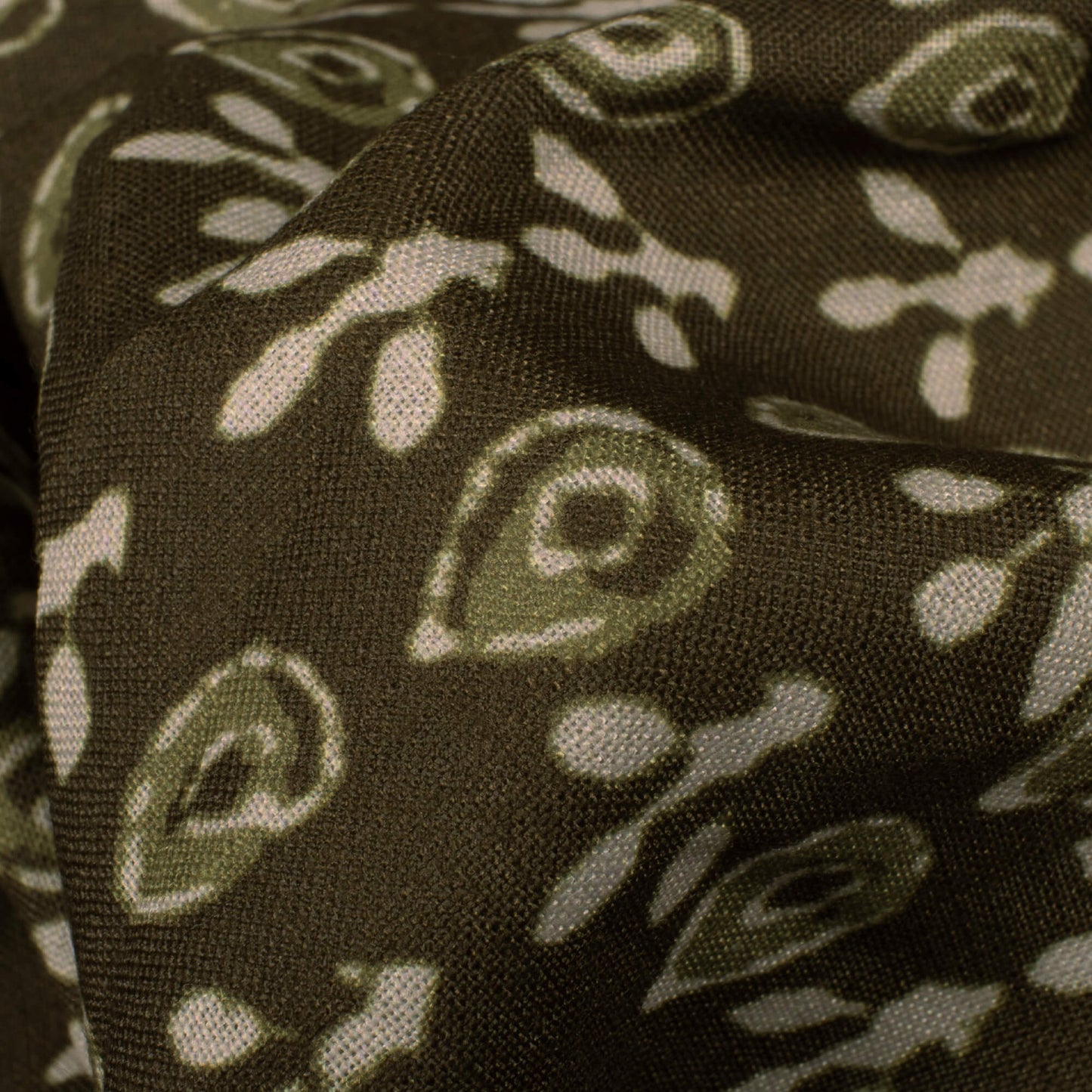 Dark Olive Green And Oat Beige Booti Pattern Digital Print Linen Textured Fabric (Width 56 Inches)