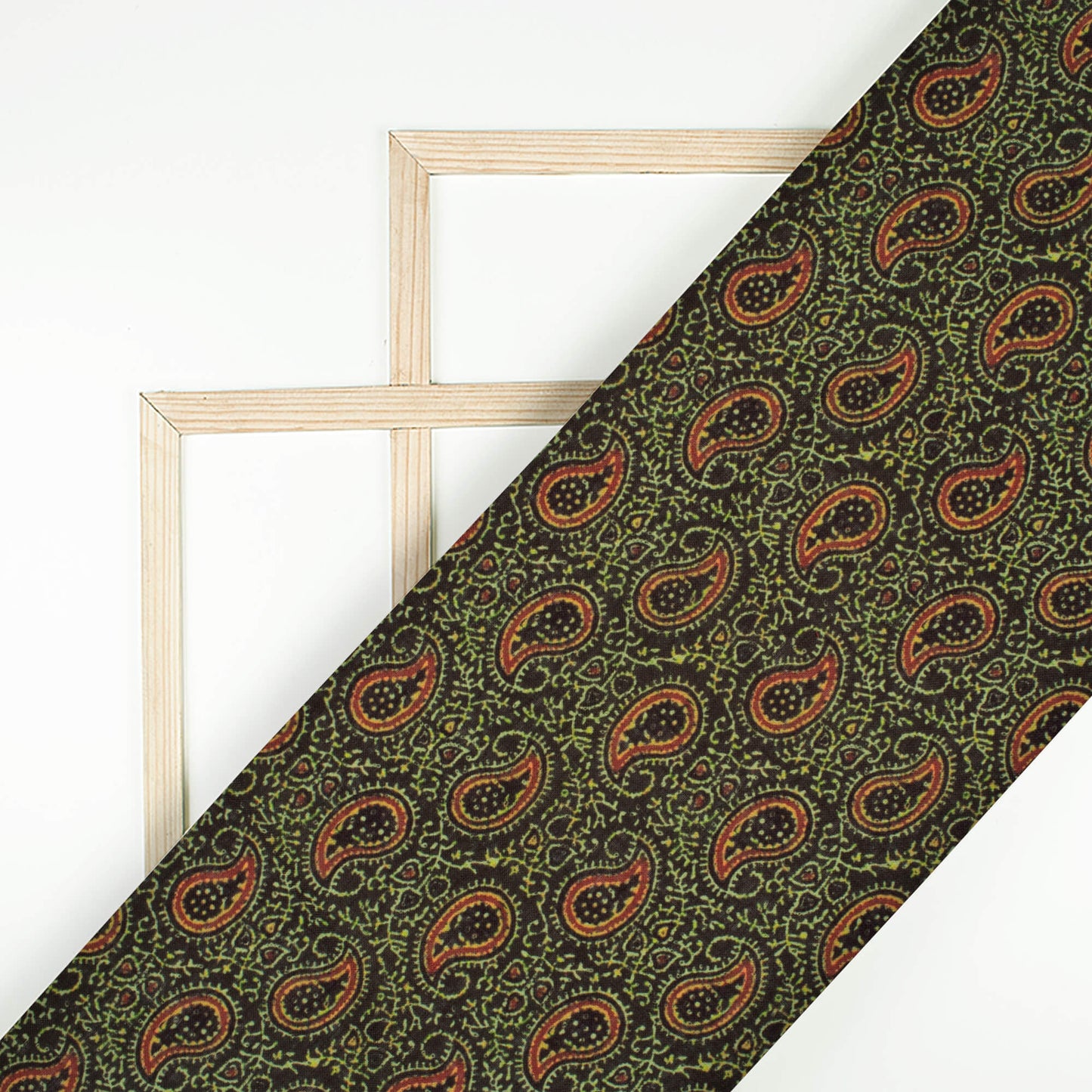 Black And Fern Green Paisley Pattern Digital Print Linen Textured Fabric (Width 56 Inches)
