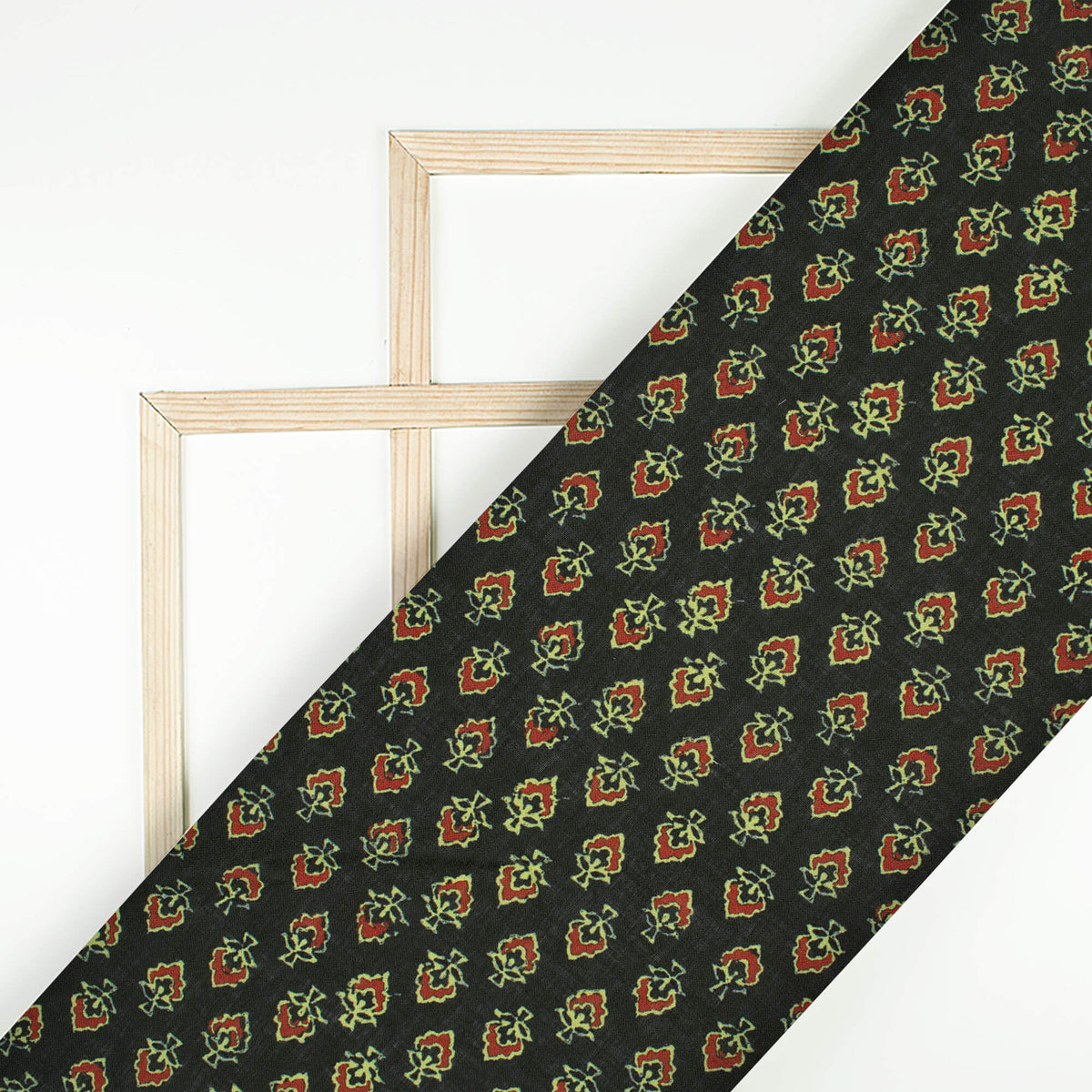 Dark Green And Red Ajrakh Pattern Digital Print Linen Textured Fabric (Width 56 Inches)